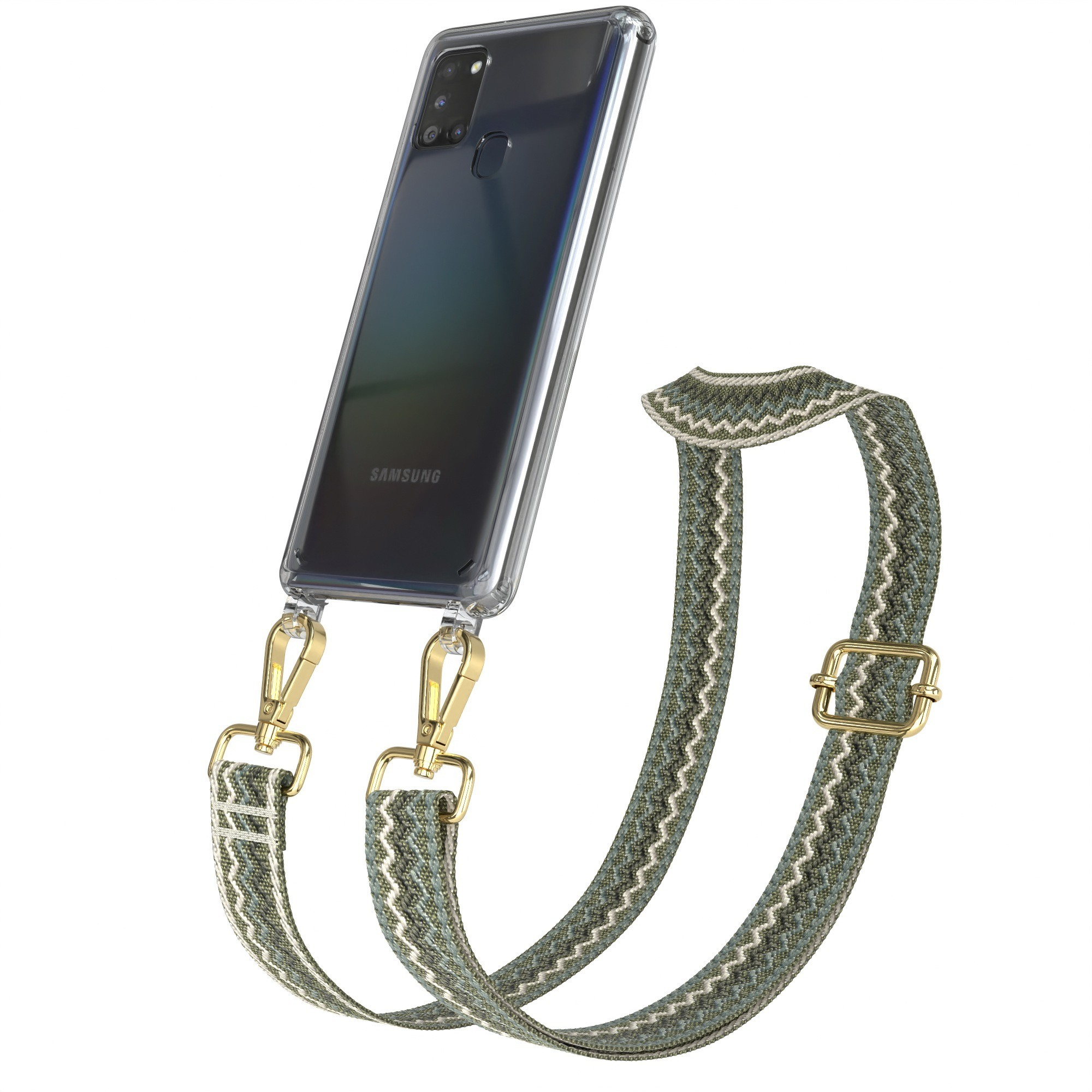 Telefon mit durchsichtiger Hülle und grün gemustertem Riemen. Riemen ist grün und weiß. Telefon ist schwarz.