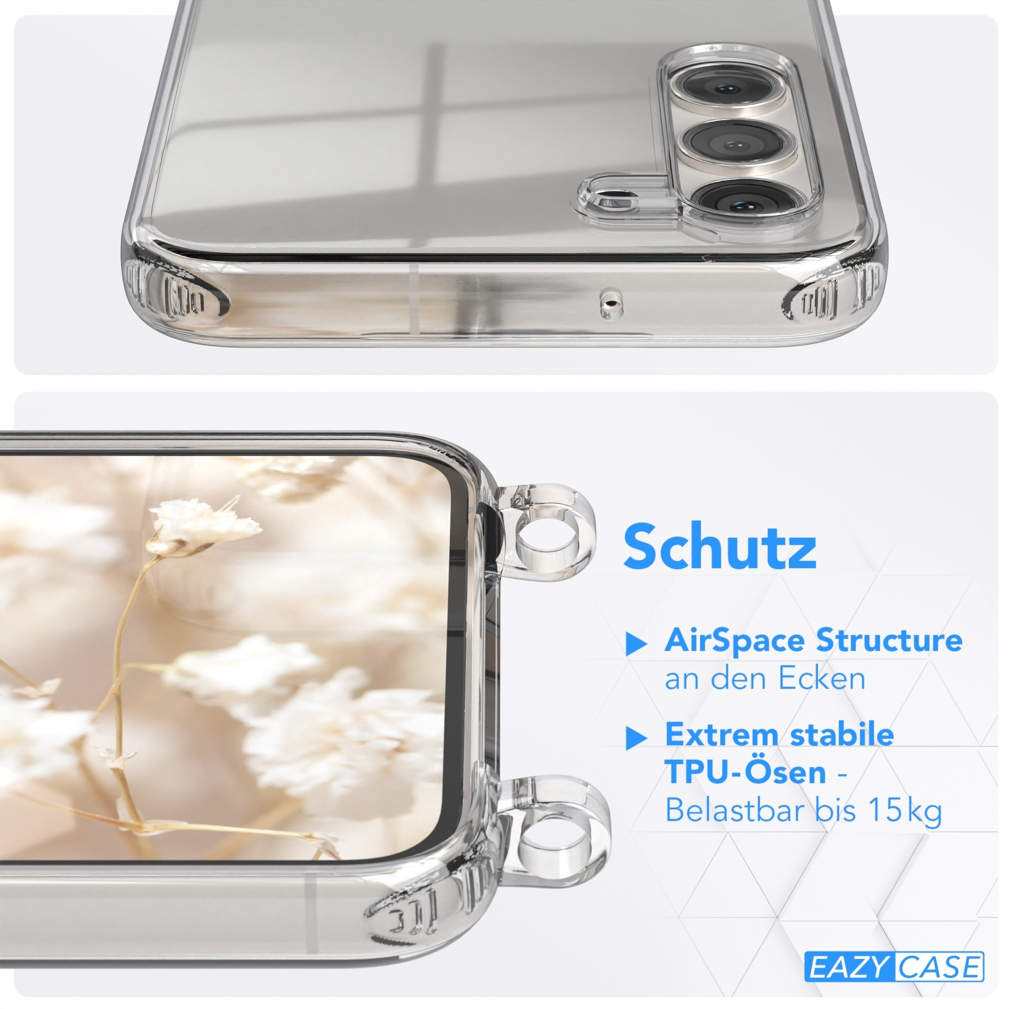 Eine transparente Handyhülle mit einem Handy darin. Die Rückseite des Telefons mit drei Kameras wird gezeigt.