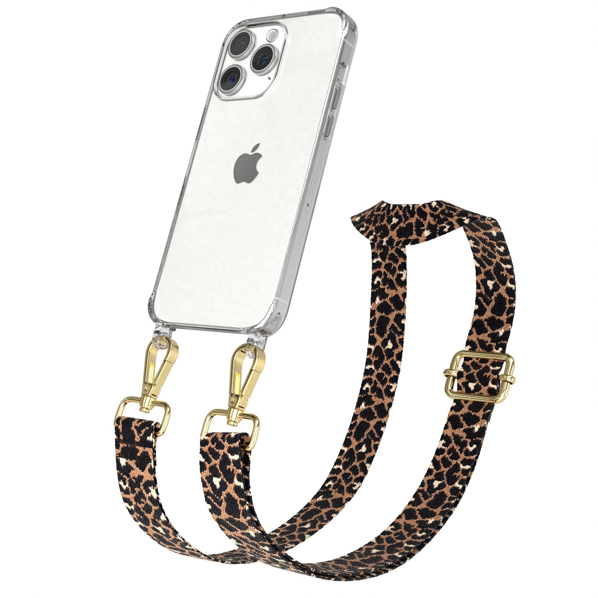 Telefon in einer transparenten Hülle mit Leopardenmuster-Gurt. Es hat goldfarbene Hardware.