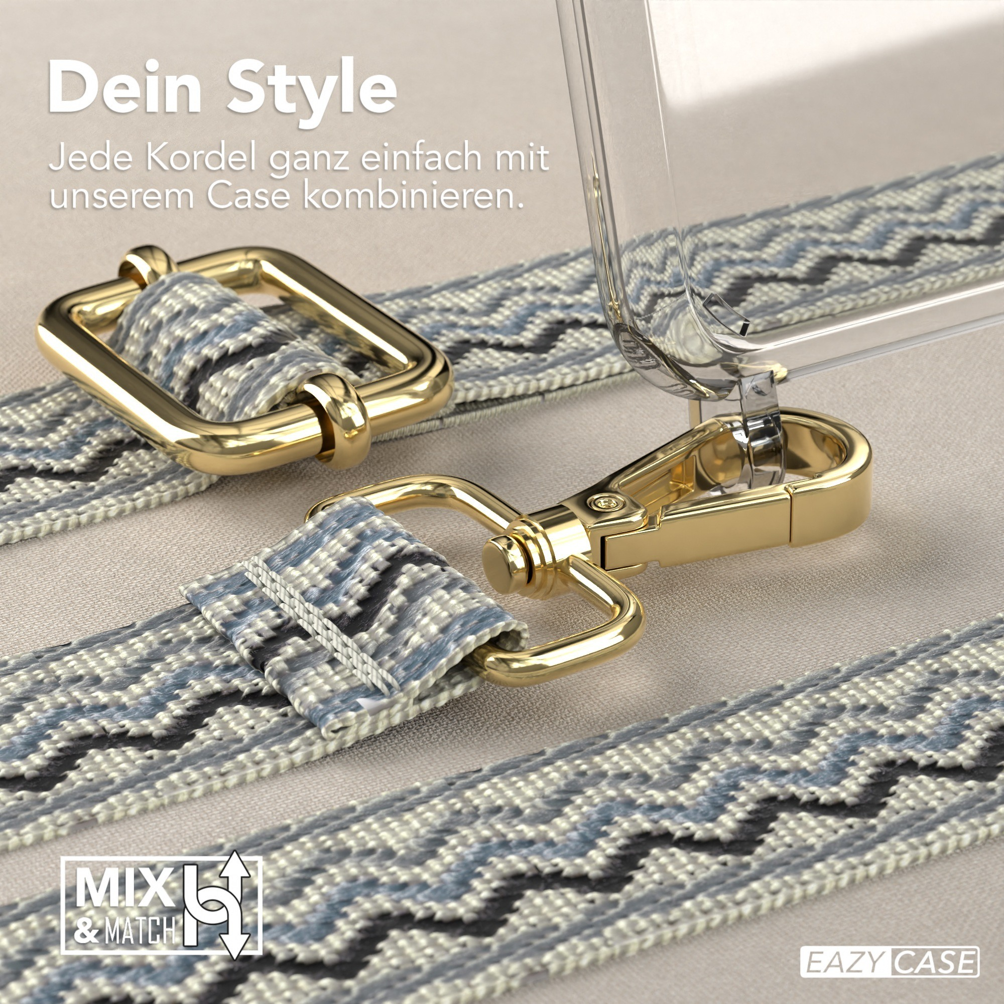 Nahaufnahme eines Handybandes mit goldenem Verschluss und einem gemusterten Band in Blau und Grau.