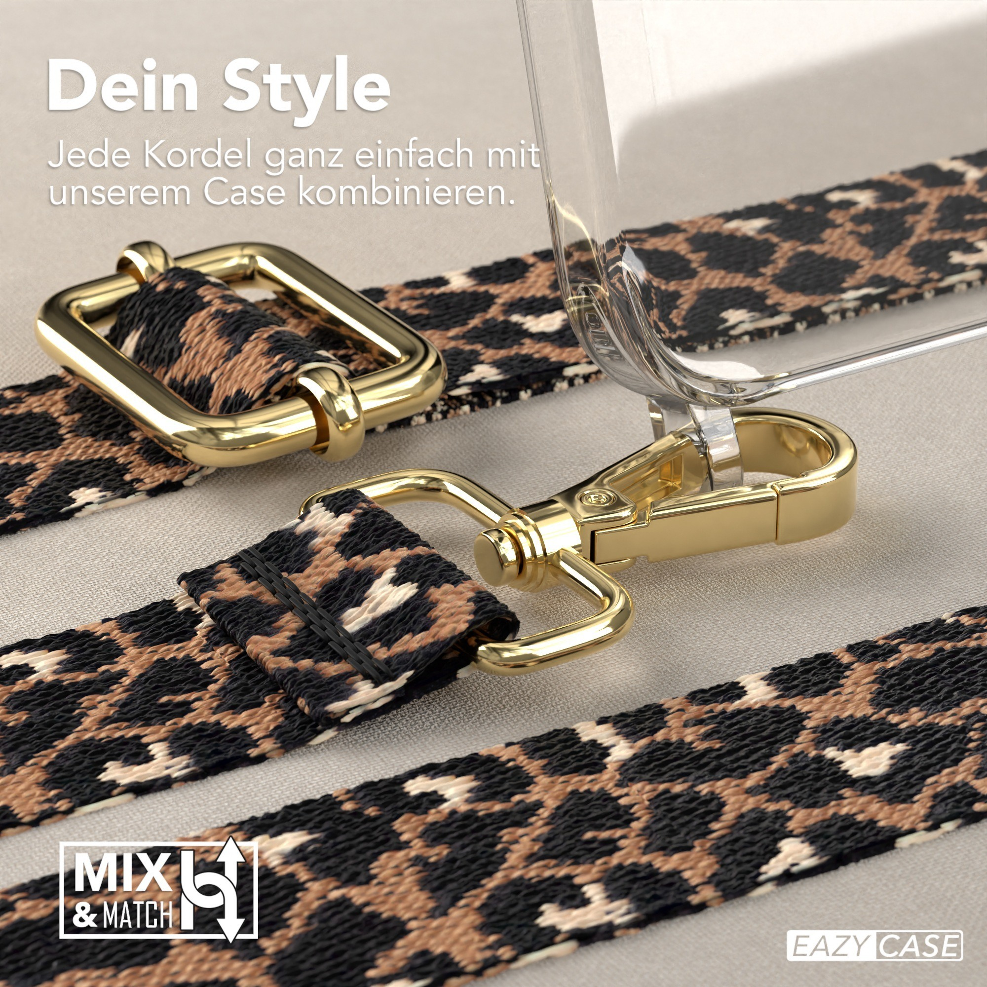 Leopardenmuster-Telefongurt, befestigt an einer transparenten Handyhülle mit goldener Schnalle.