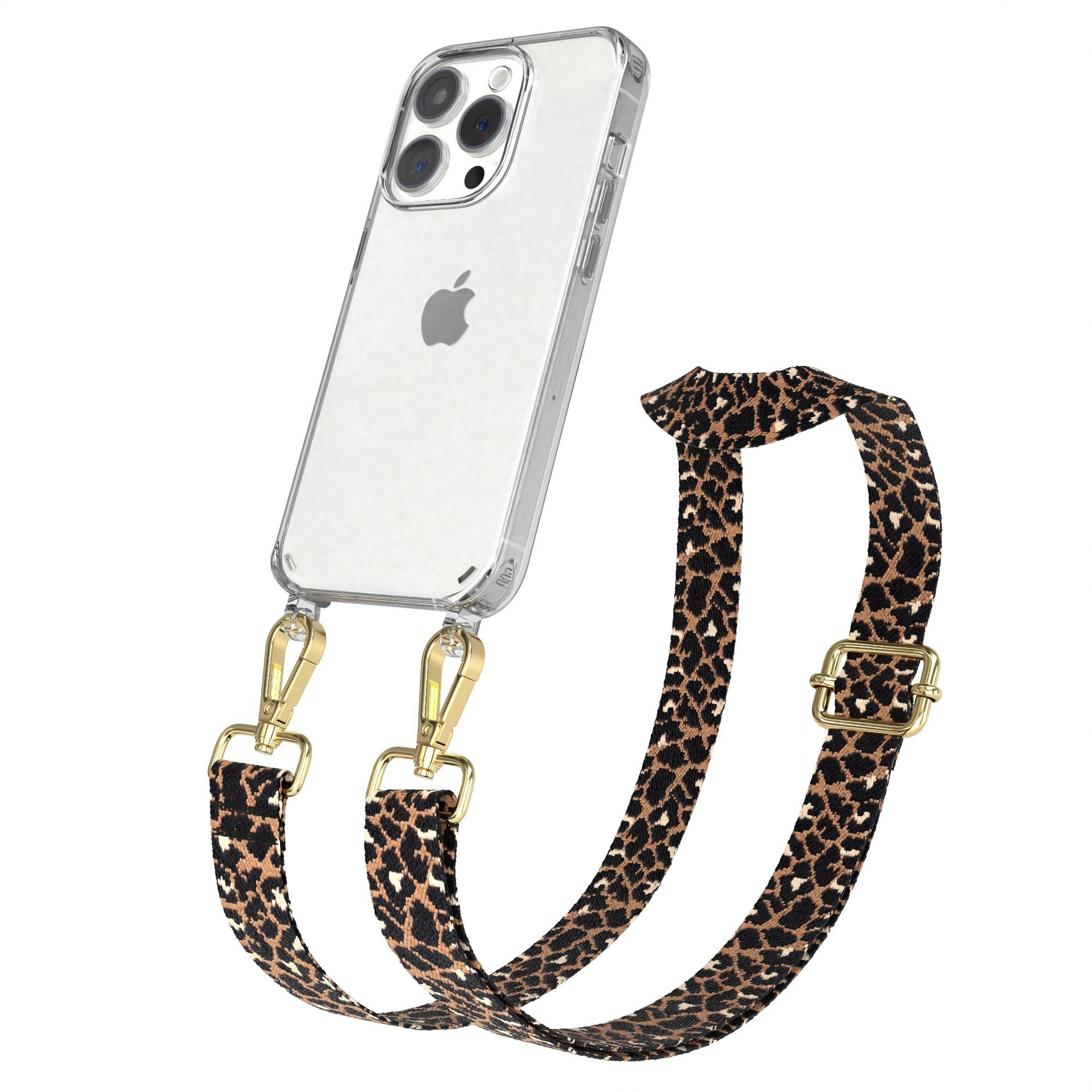 Transparente Handyhülle mit Leopardenmuster-Gurt. Goldene Verschlüsse und Schnalle. Weißer Hintergrund.