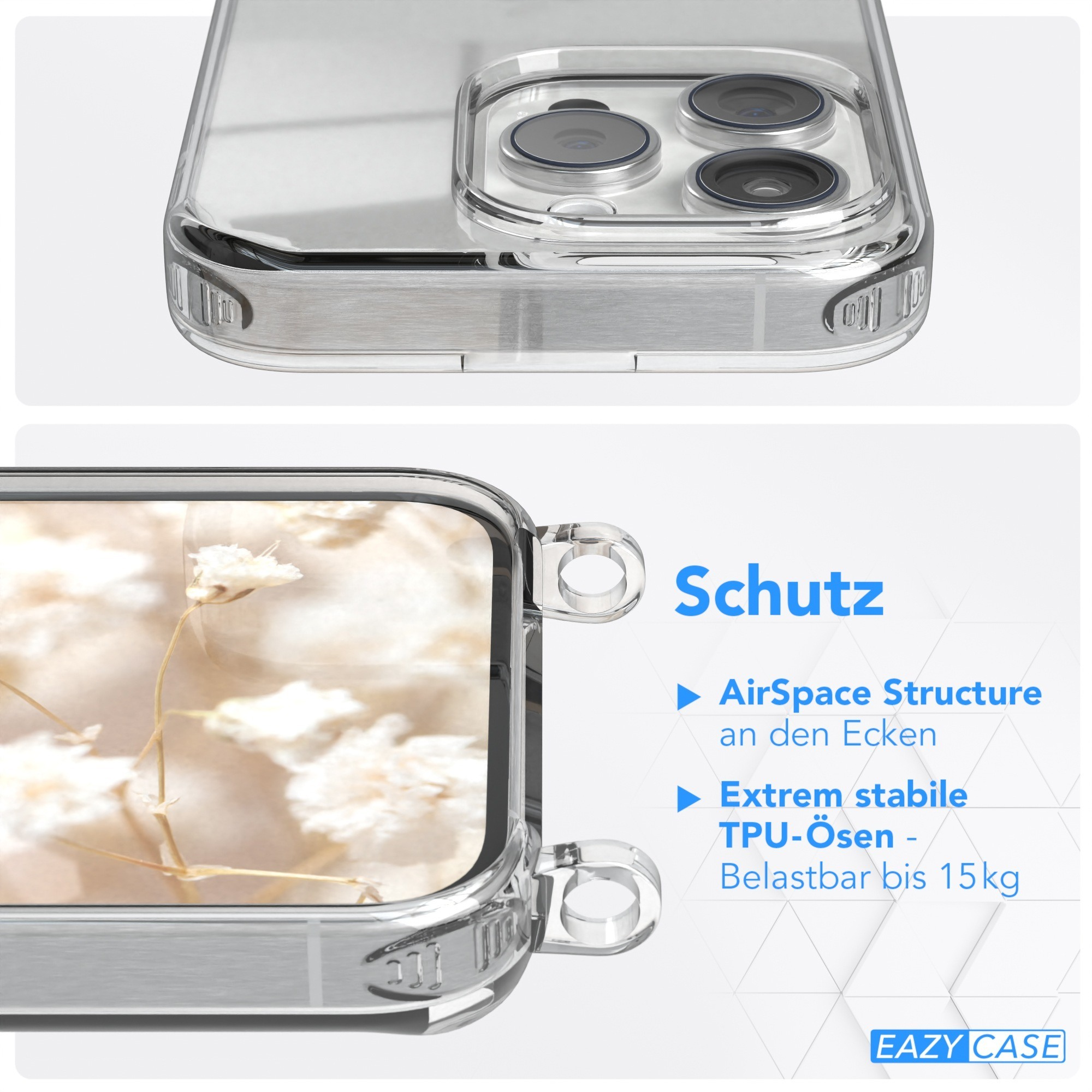 Nahaufnahme einer Handyhülle. Das Gehäuse ist transparent mit einem weißen Blumendruck. Es gibt auch silberne Details.