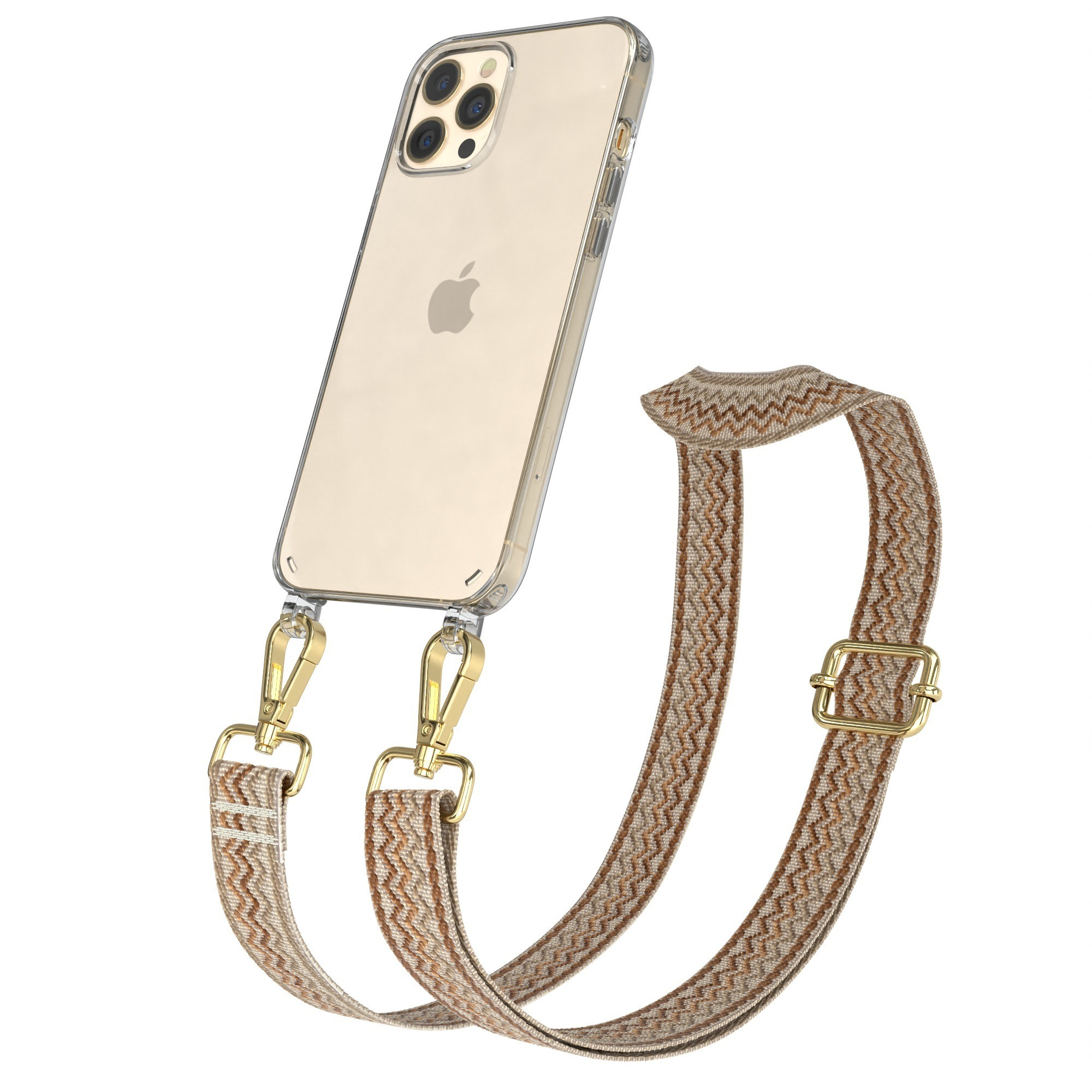 Brauner Telefonriemen mit klarer Handyhülle. Goldene Verschlüsse und Schnalle.