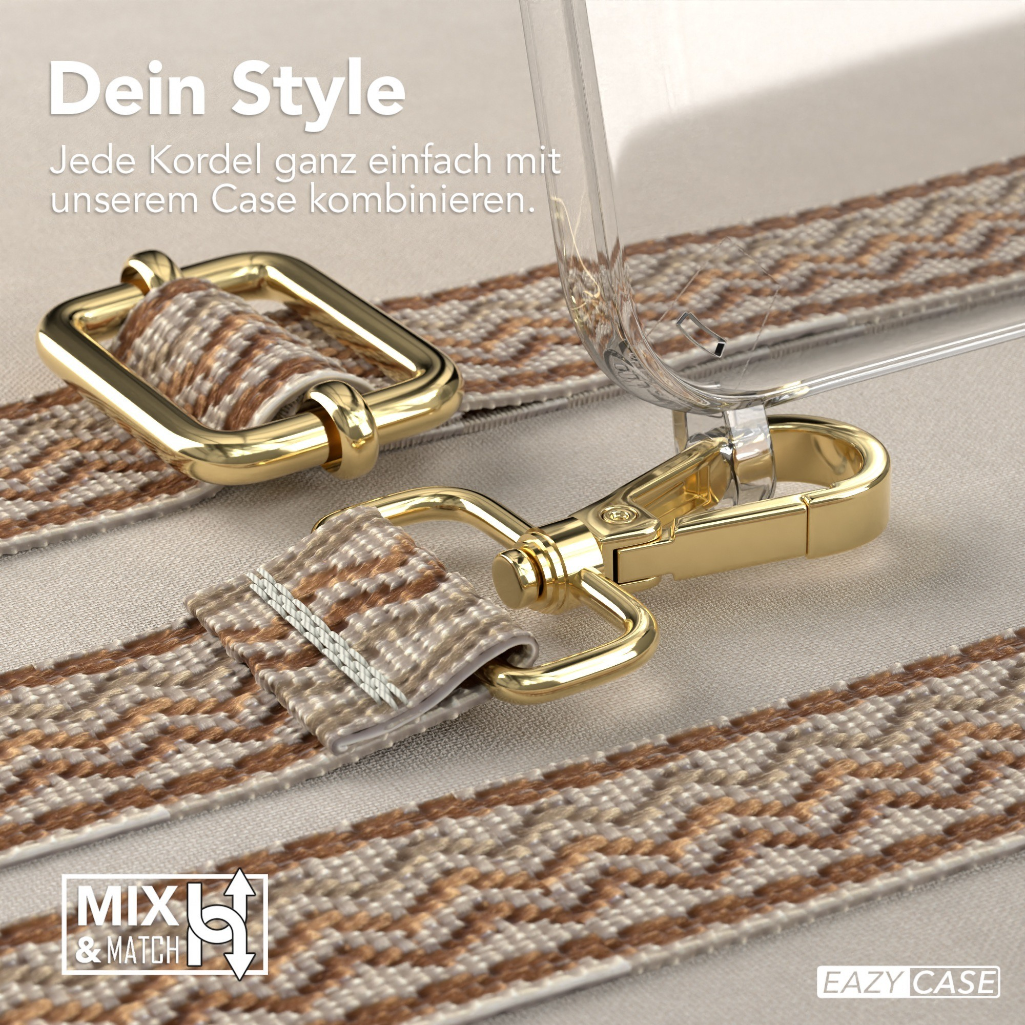 Nahaufnahme des Telefonbandes mit goldenem Verschluss und gemustertem braunen Band.