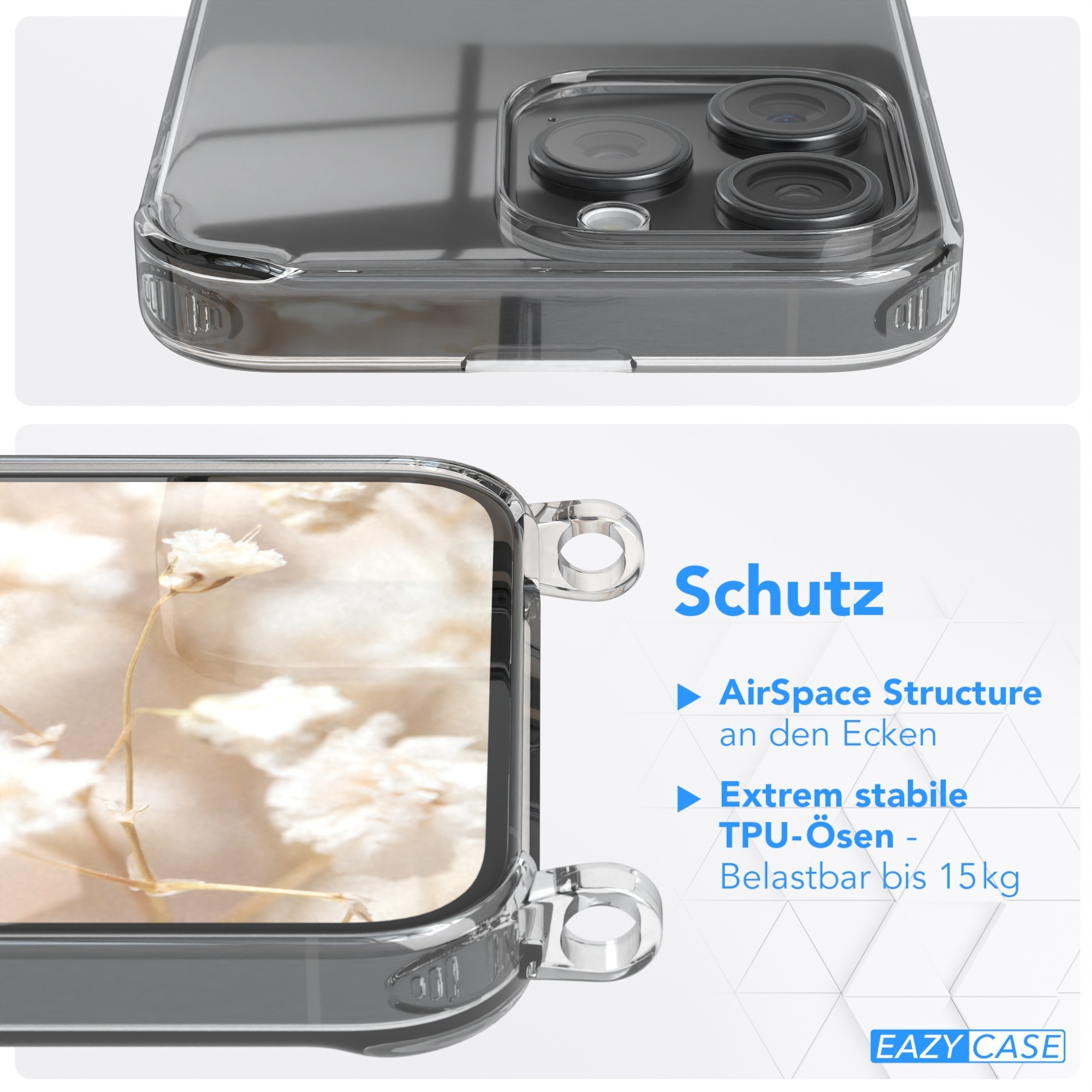 Eine Handyhülle mit einem Telefon darin. Die Oberseite ist sichtbar, und es stehen einige Funktionen darauf.