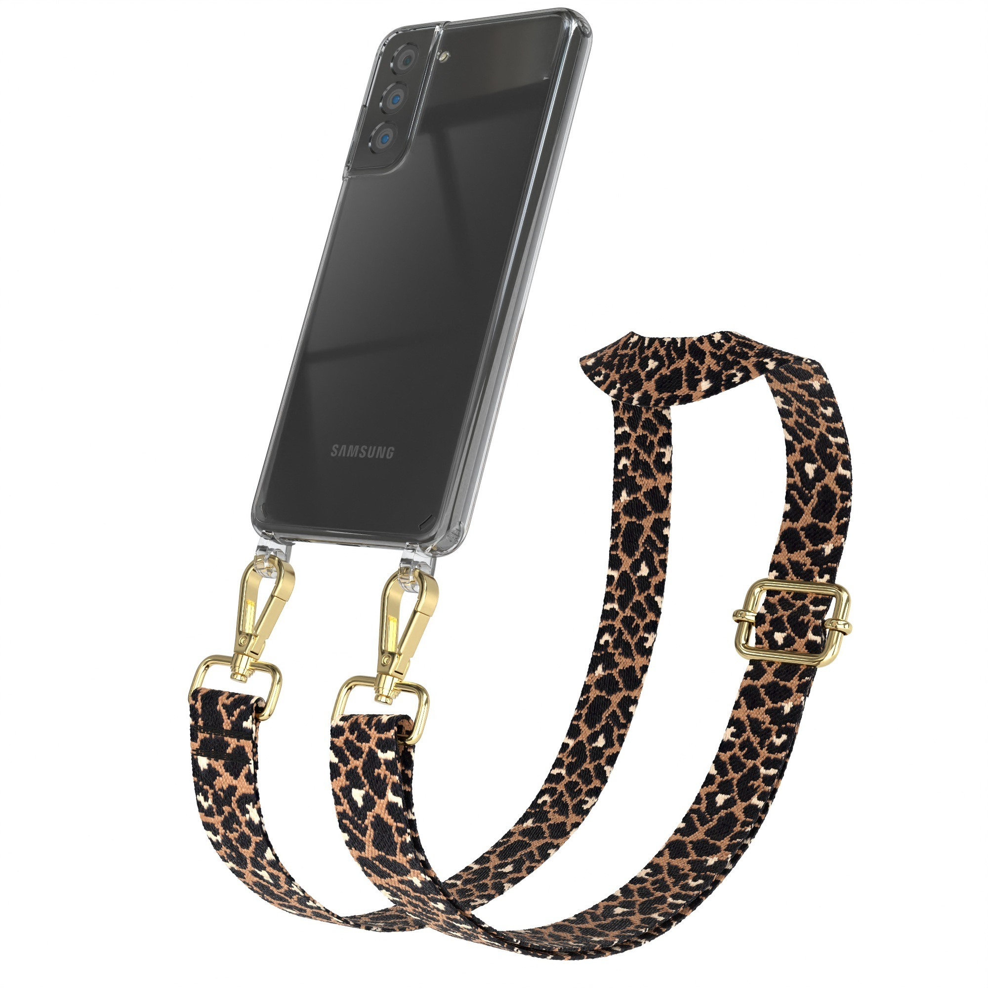 Smartphone mit klarer Hülle und Leopardenmuster-Riemen, verbunden mit goldfarbenen Verschlüssen und Schnalle.