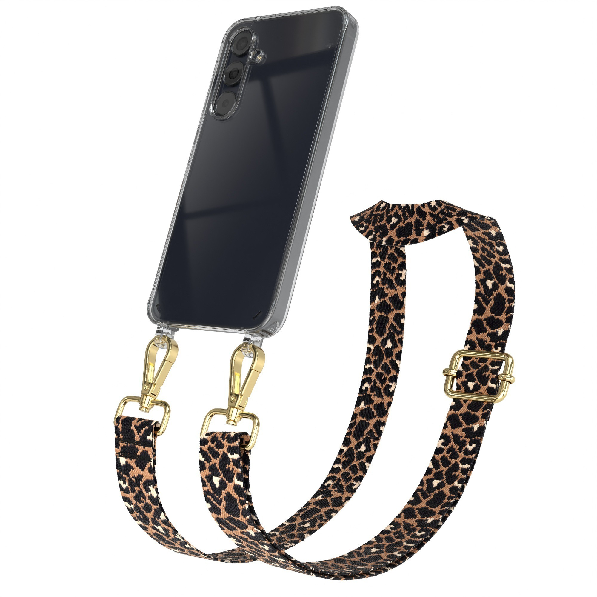 Ein Smartphone mit Leopardenmuster-Gurt. Der Gurt ist mit goldenen Haken verbunden.
