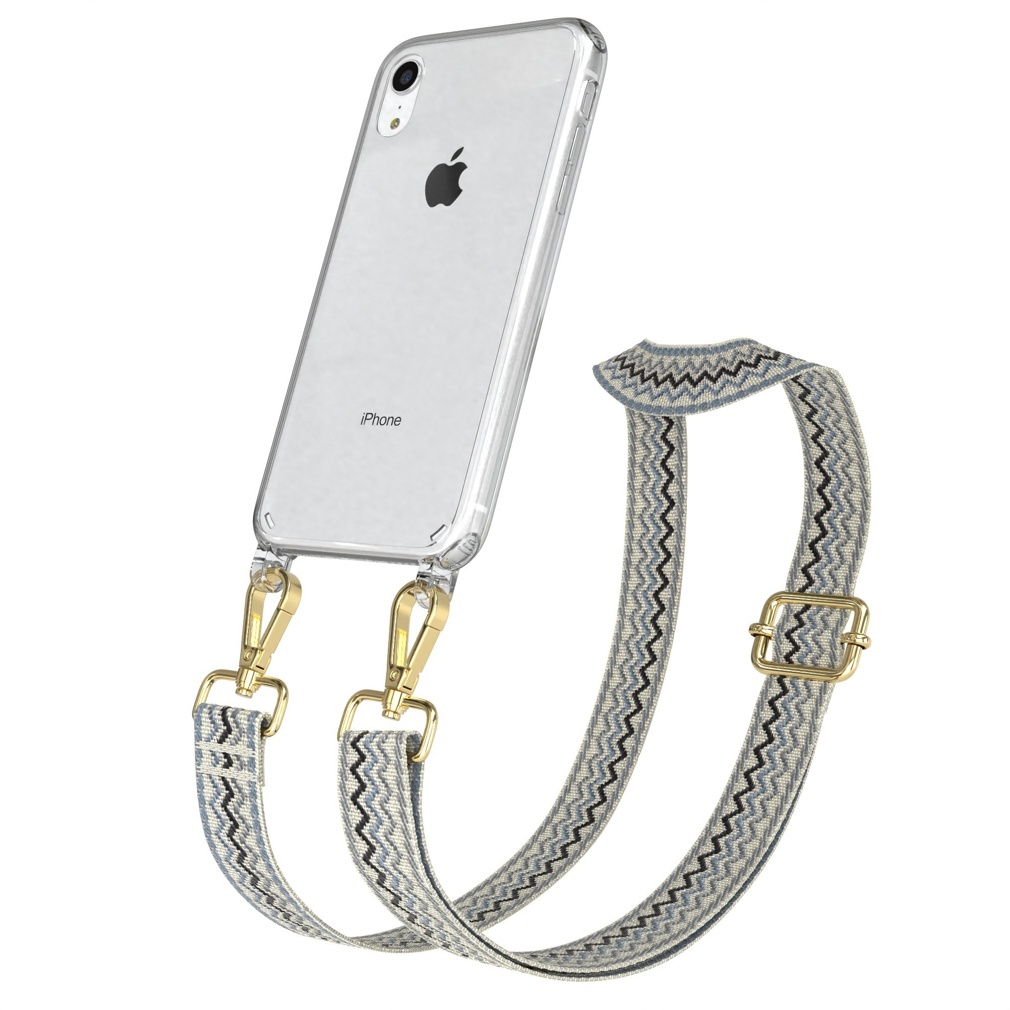 Klares iPhone mit blau-weißem geometrischem Riemen. Goldene Verschlüsse und Schnalle. Weißer Hintergrund.