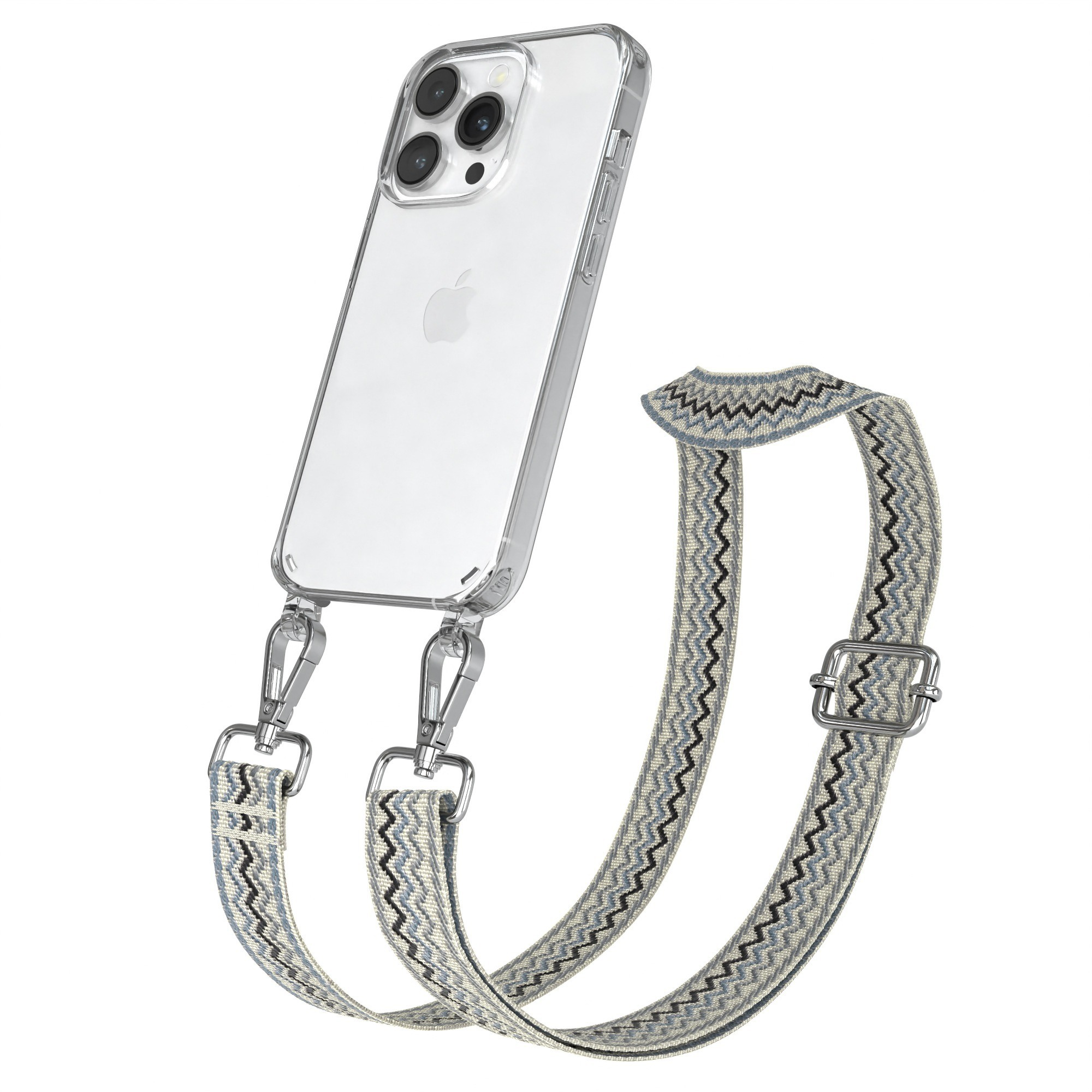 Telefon in klarer Hülle mit Zickzack-Trageriemen.