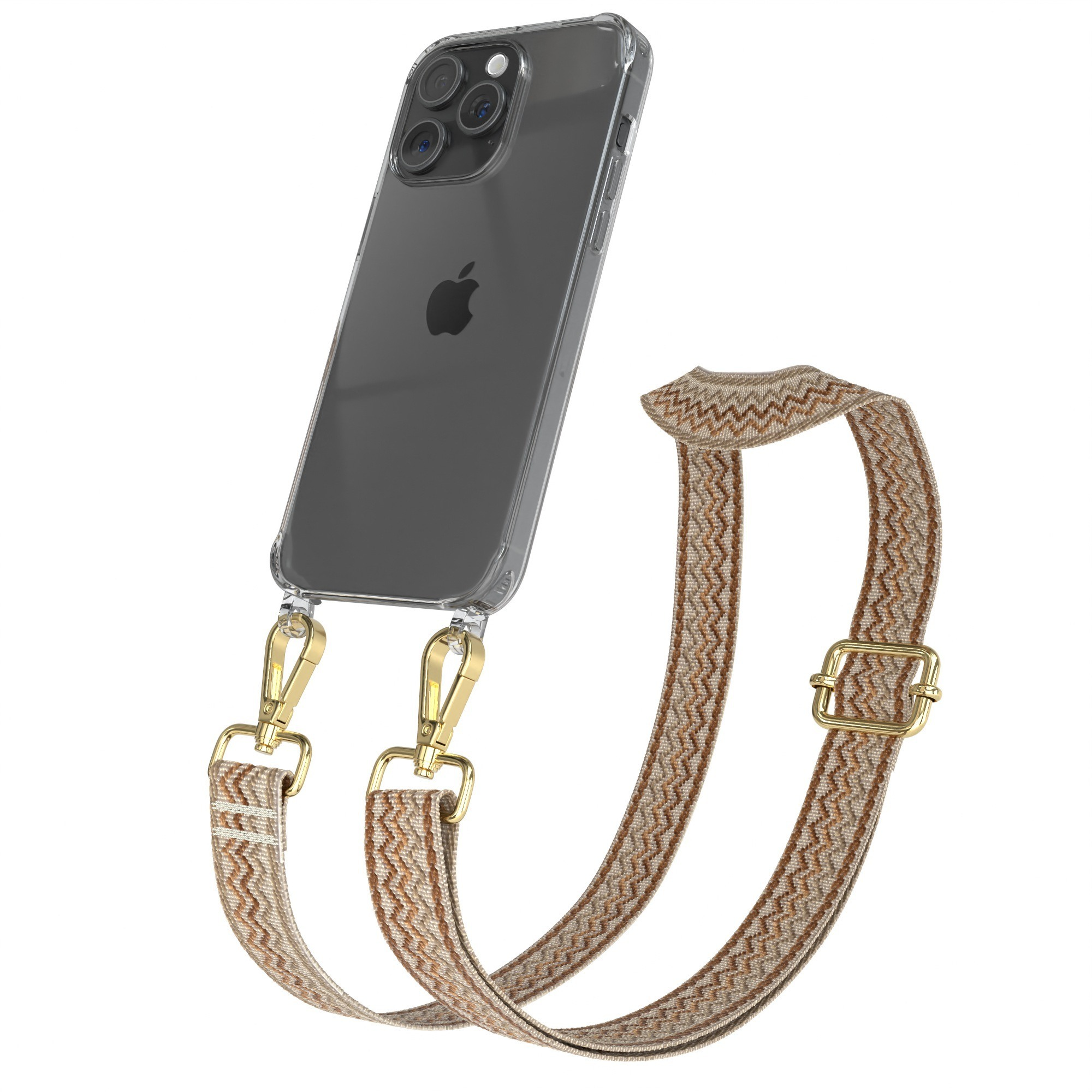 Klares Telefon mit braun gemustertem Riemen. Goldene Verschlüsse und Schnalle. Weißer Hintergrund.