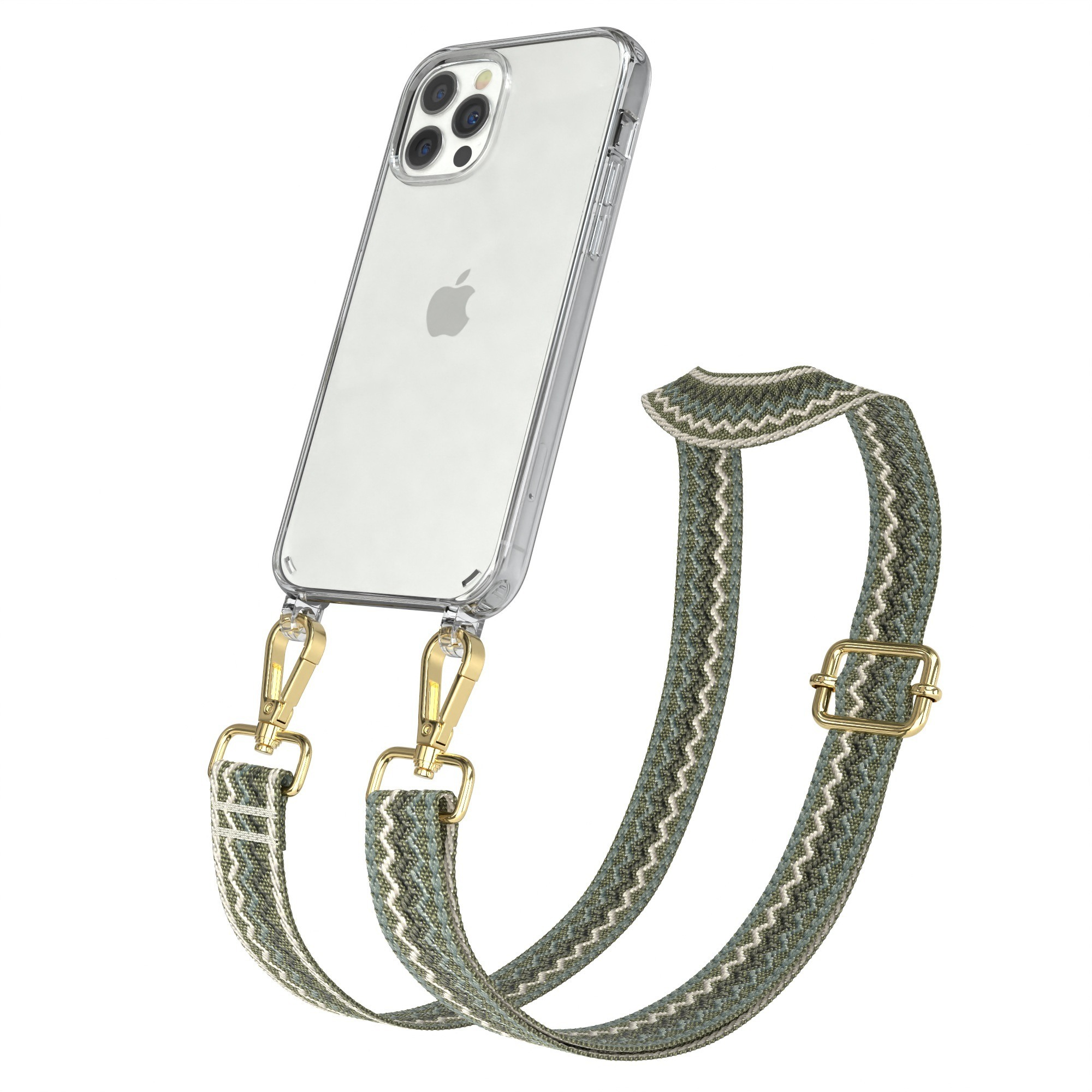 Telefon mit durchsichtiger Hülle und grün gemustertem Riemen. Riemen ist grün und weiß. Telefon ist silber.