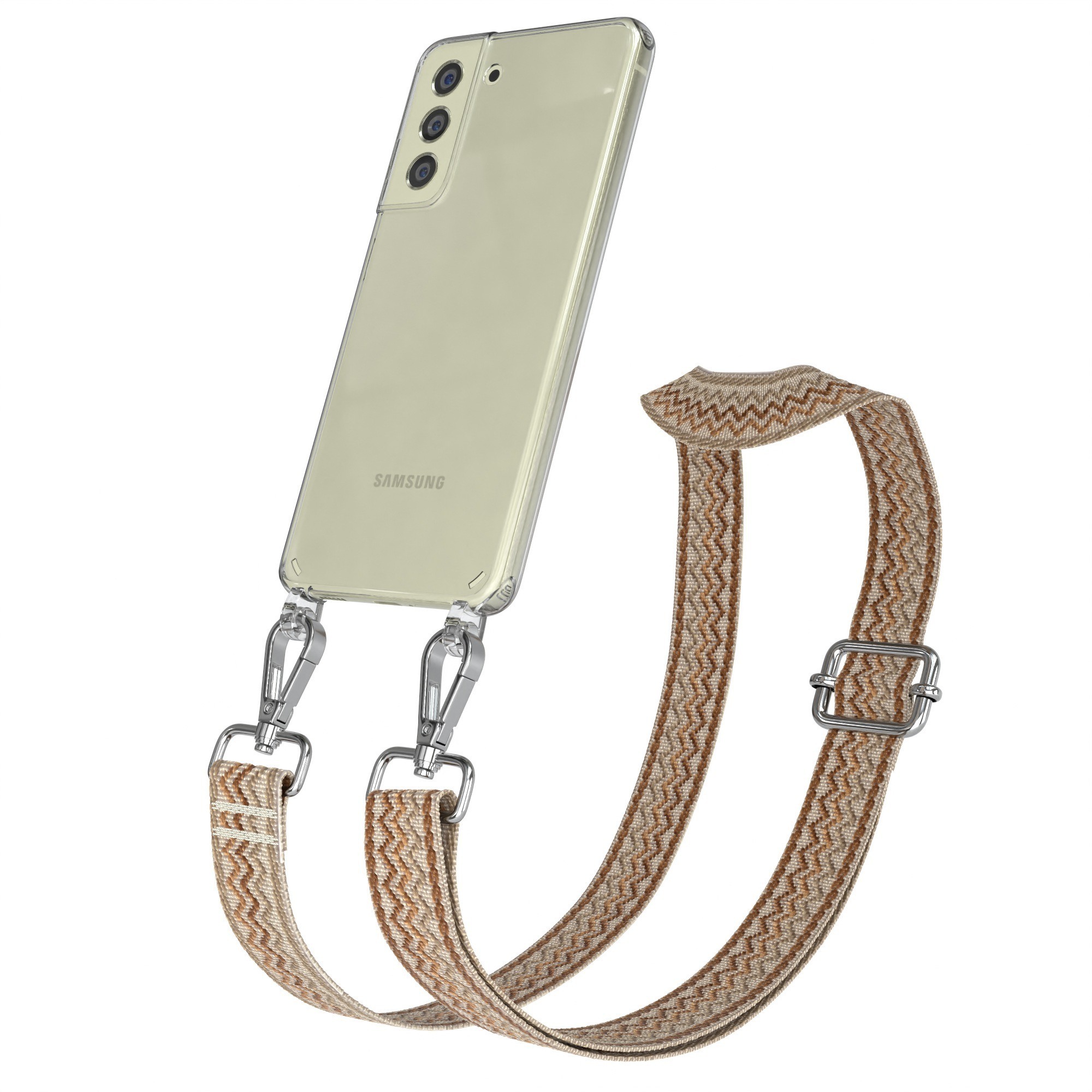 Transparente Handyhülle mit braun-beigem Trageriemen. Silberne Clips und Schnalle auf weißem Grund.