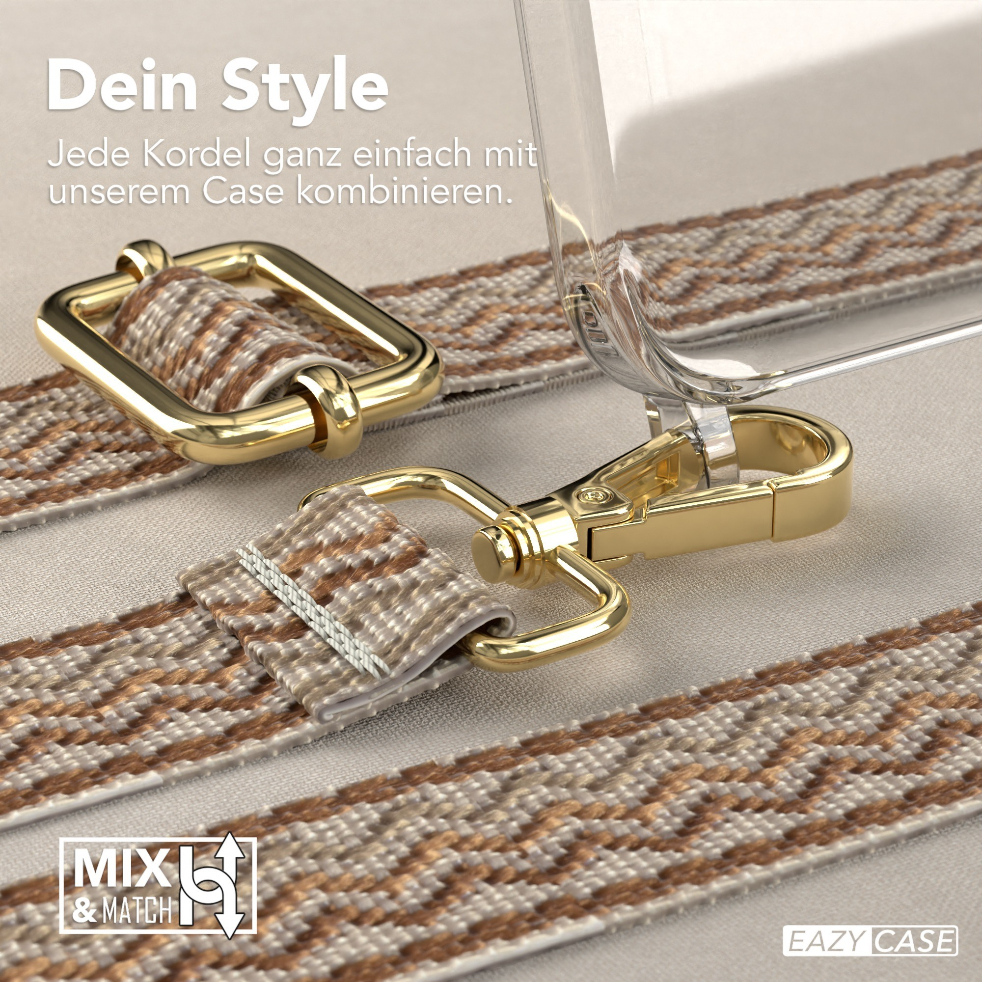 Nahaufnahme einer Handyhülle und eines Gurtes. Goldene Metallteile. Der Gurt ist braun und weiß gemustert.