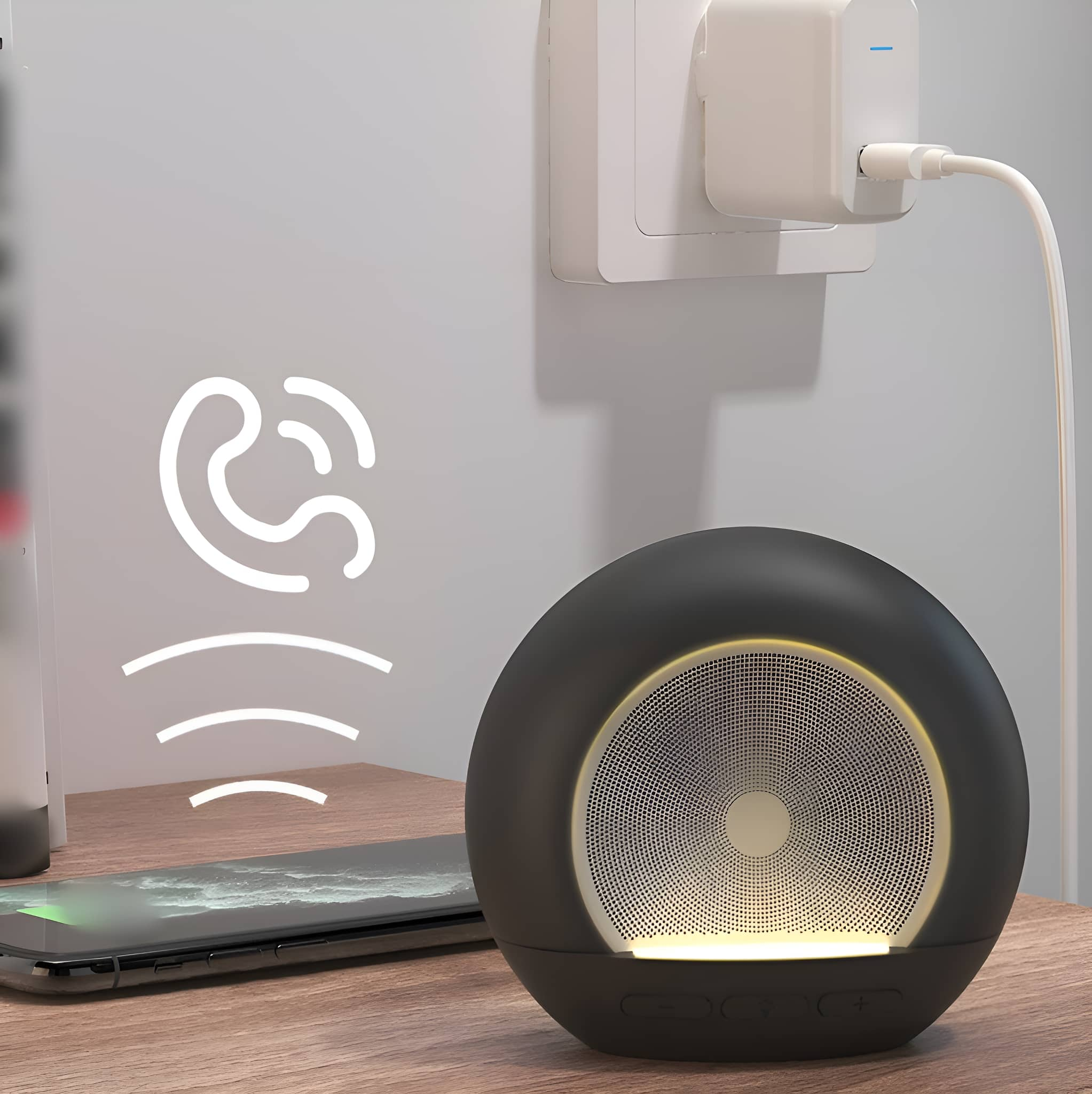 Schwarzer Lautsprecher mit Licht und einem Telefon. Ein Netzteil ist in der Wand eingesteckt.