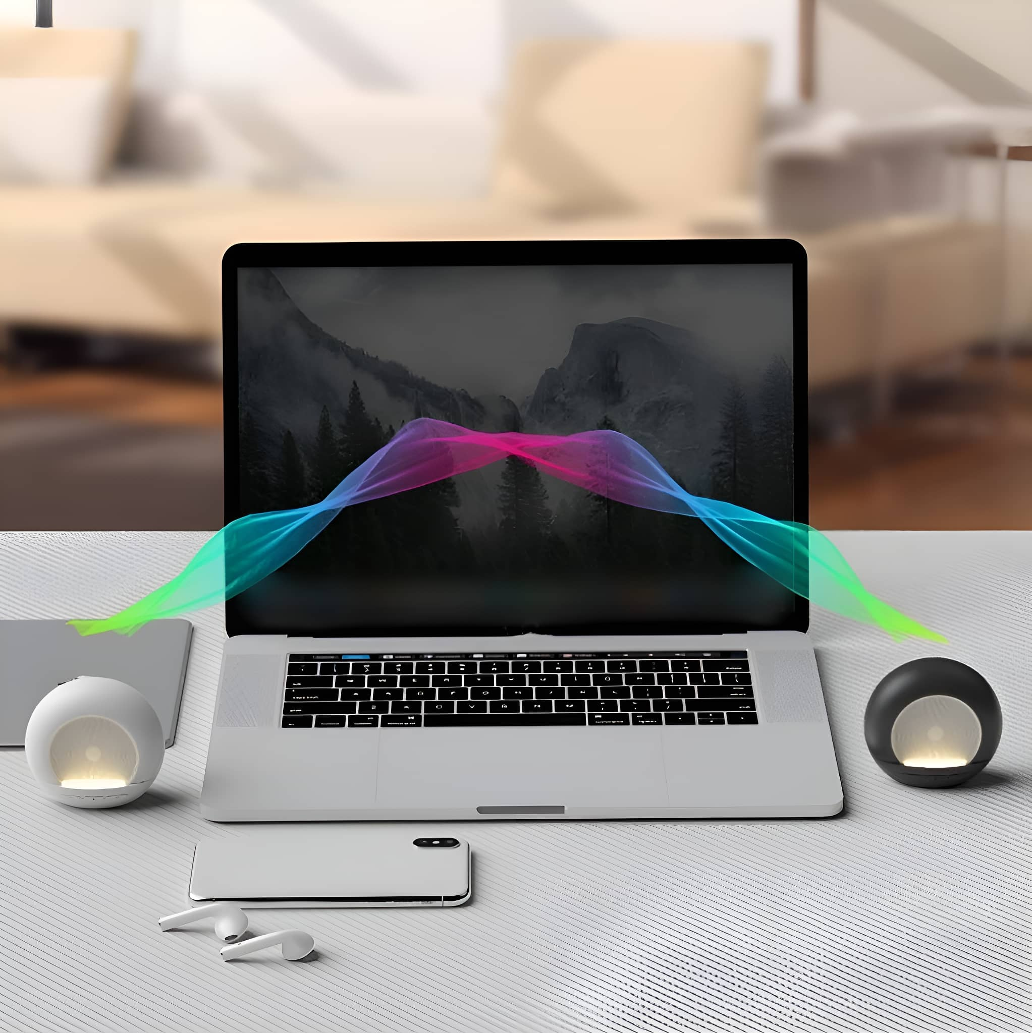Laptop mit bunten Schallwellen. Zwei Lautsprecher und Telefon auf dem Tisch. Verschwommener Hintergrund.