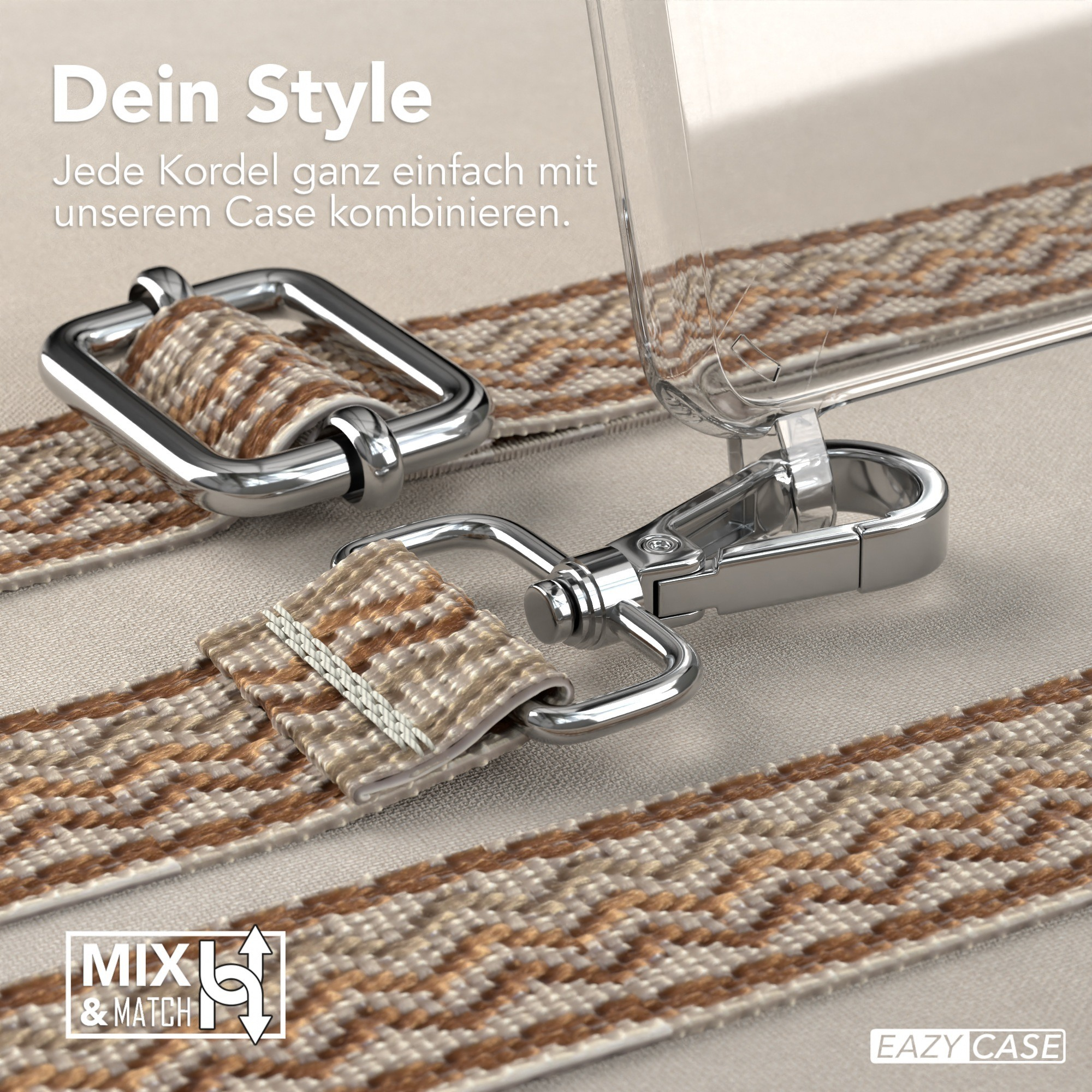 Eine transparente Handyhülle mit einem Riemen. Der Riemen ist zweifarbig mit einem Metallverschluss.