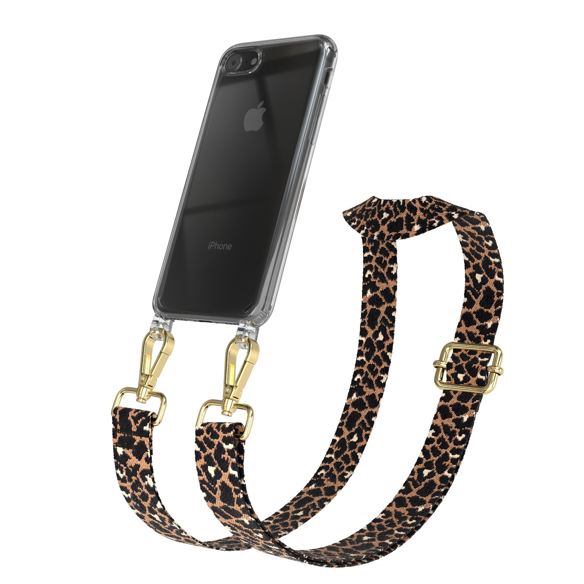 Transparente Handyhülle mit Leopardenmuster-Riemen. Der Riemen ist mit einer goldenen Schnalle verstellbar. Ein Telefon ist sichtbar.