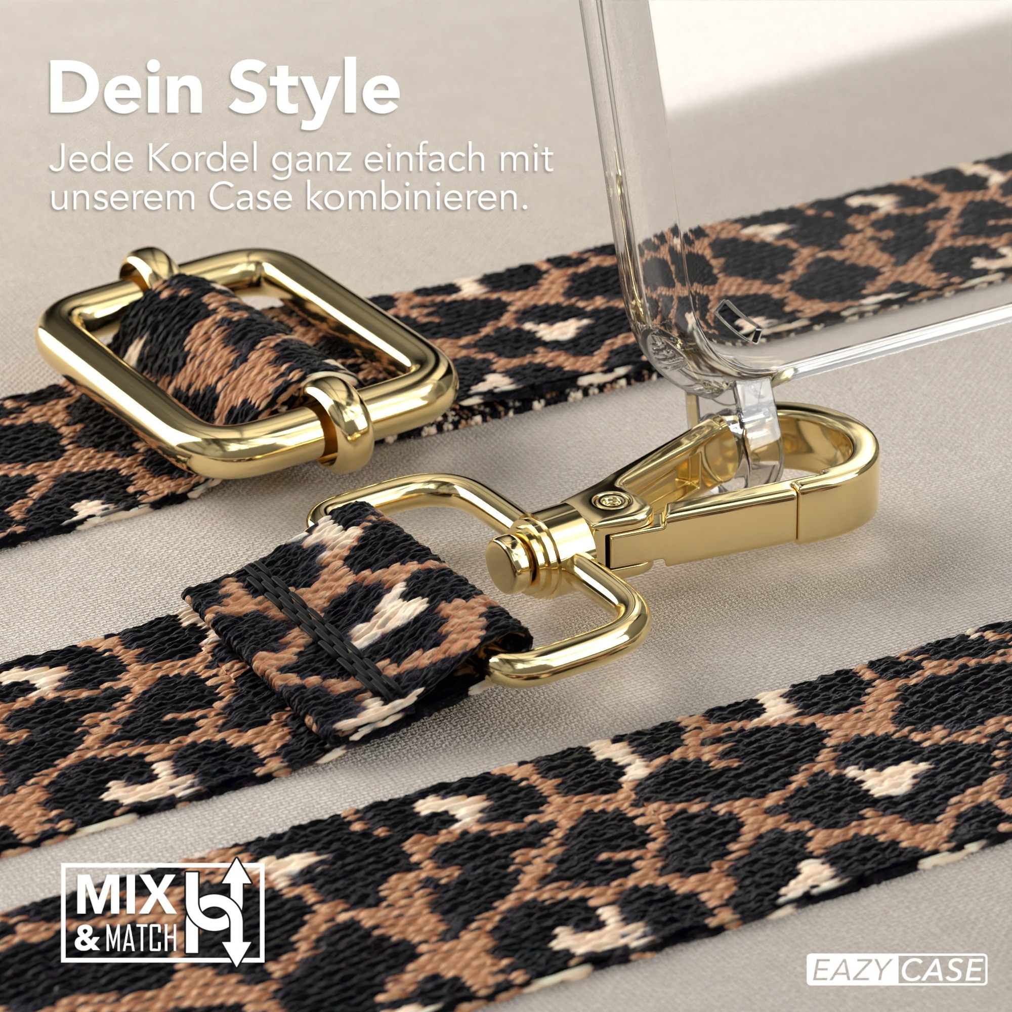 Leopardenmuster-Telefongurt, befestigt an einer transparenten Handyhülle mit goldener Schnalle.