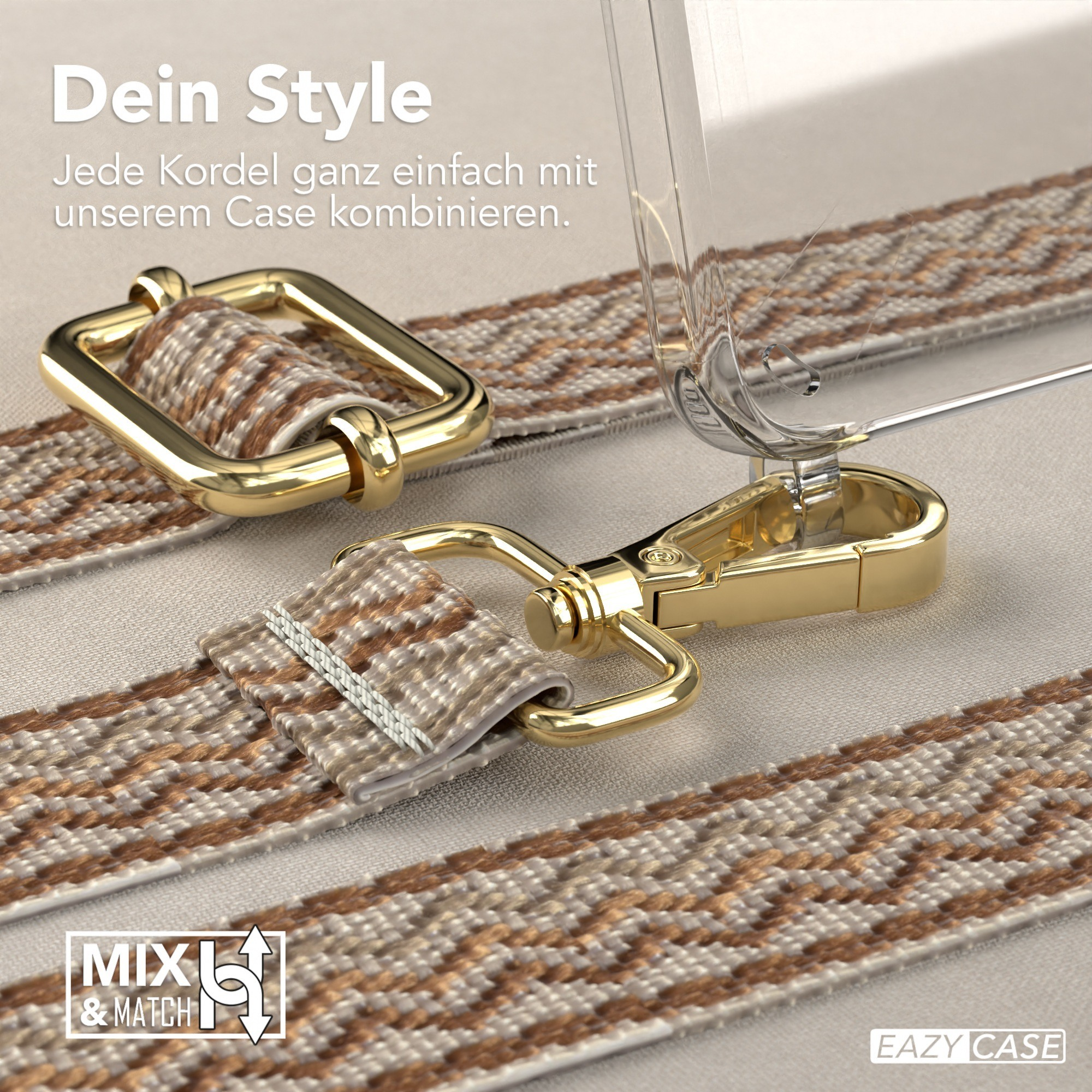 Nahaufnahme einer Handyhülle mit Trageriemen. Die Hülle hat einen goldenen Ring und ein Mix & Match Logo.