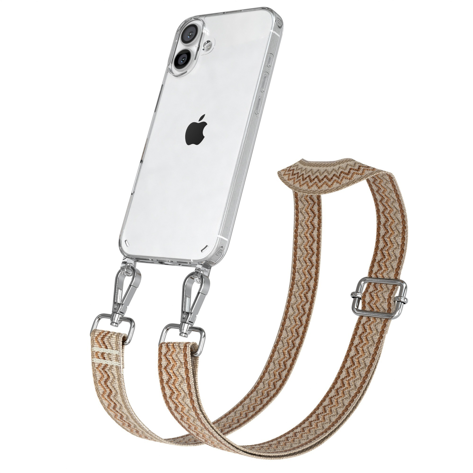 Telefon in einer transparenten Hülle mit braun-weißem Zickzack-Gurt. Der Gurt hat silberne Haken und Schnalle.