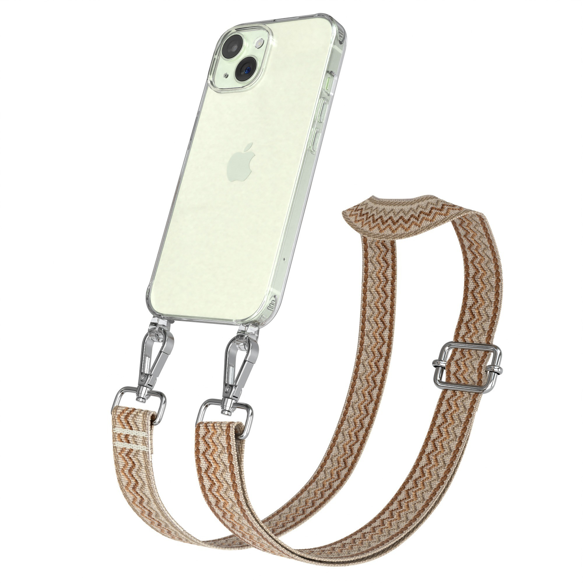Telefon in klarer Hülle mit gemustertem Riemen. Silberne Clips, beige/brauner Riemen mit Metallschnalle.