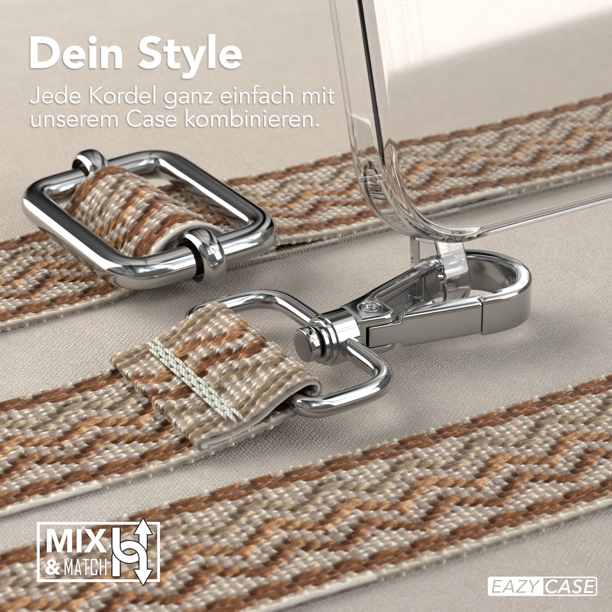 Handyhülle mit Riemen und silbernem Verschluss, Text auf neutralem Grund.