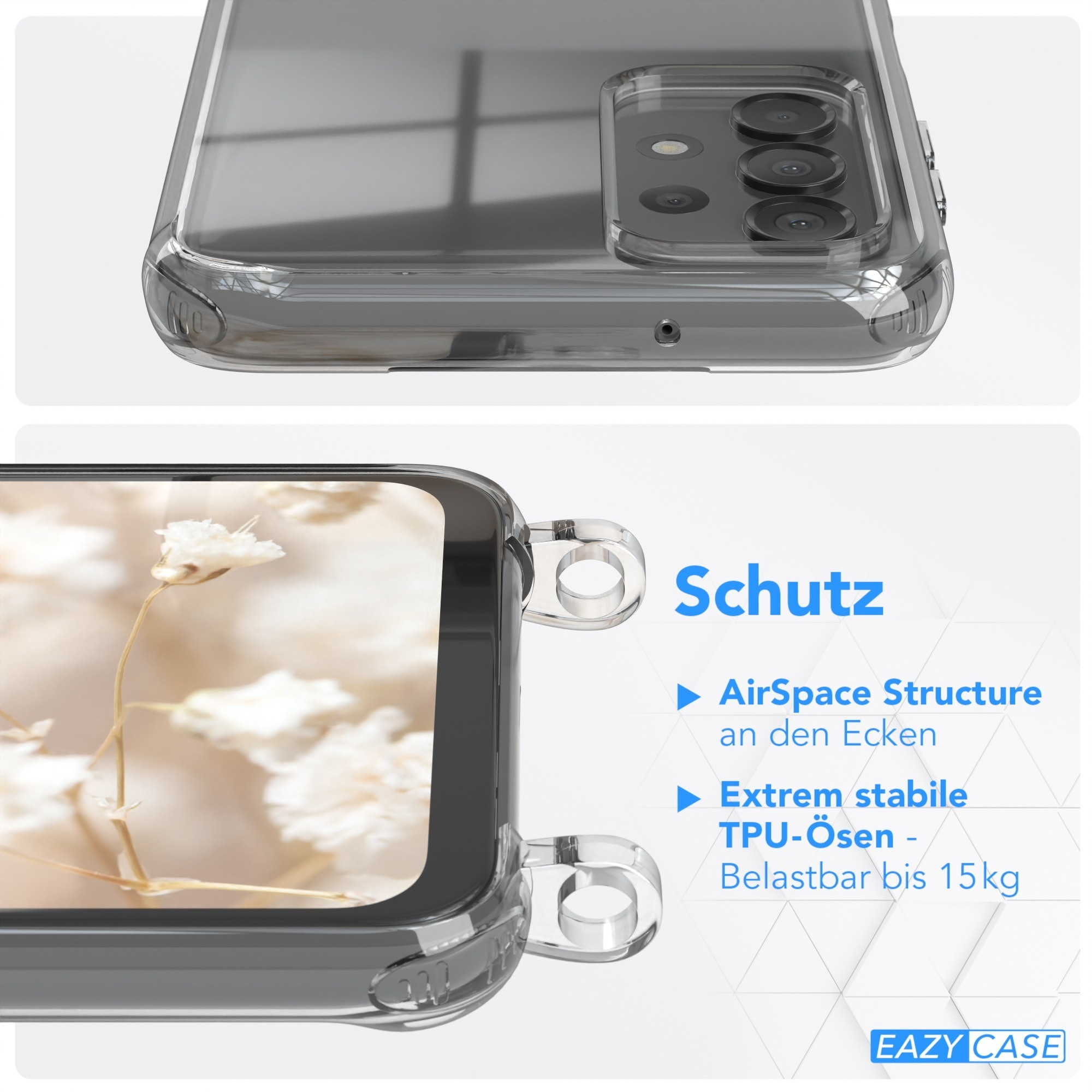 Nahaufnahme einer Handyhülle mit Schutzmerkmalen. Die Hülle ist transparent.