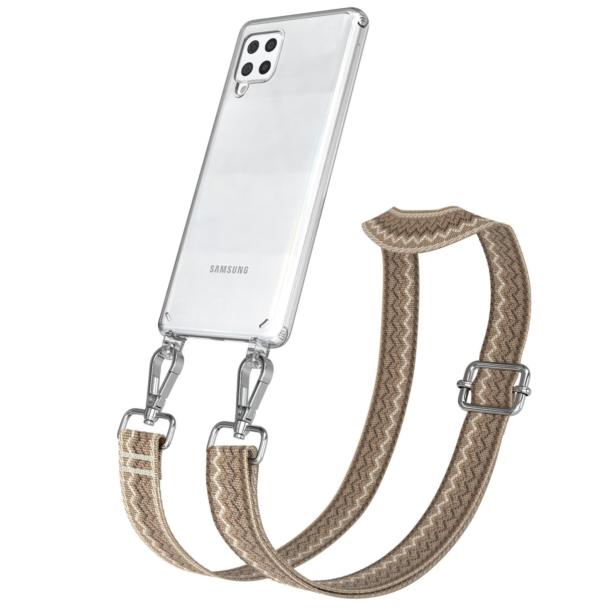 Transparente Handyhülle mit beigefarbenem Gurt, Metallverschlüssen und Samsung-Telefon.