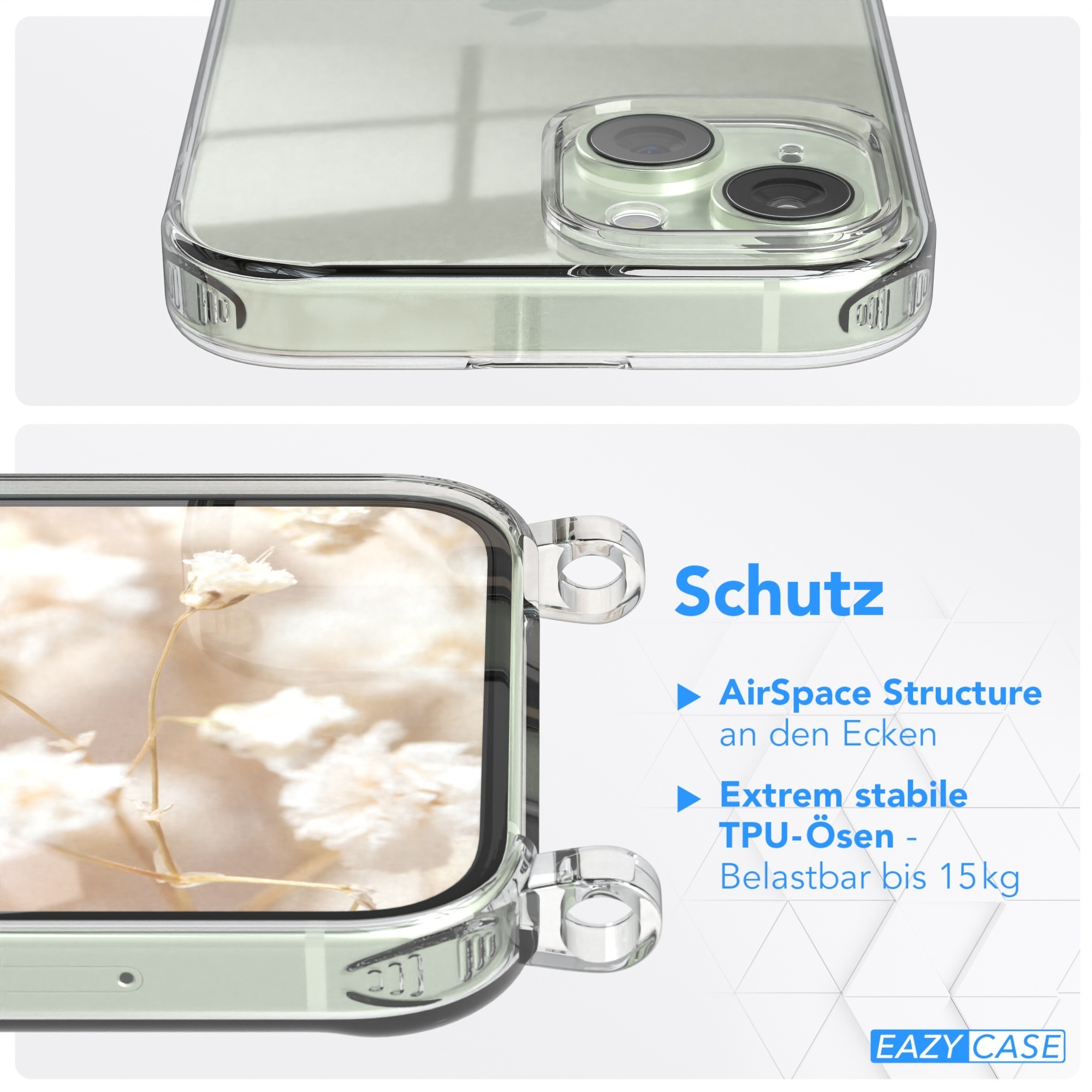 Nahaufnahme einer transparenten Handyhülle. Text: Schutz, AirSpace Structure, Extrem stabile TPU-Ösen, Belastbar bis 15 kg.