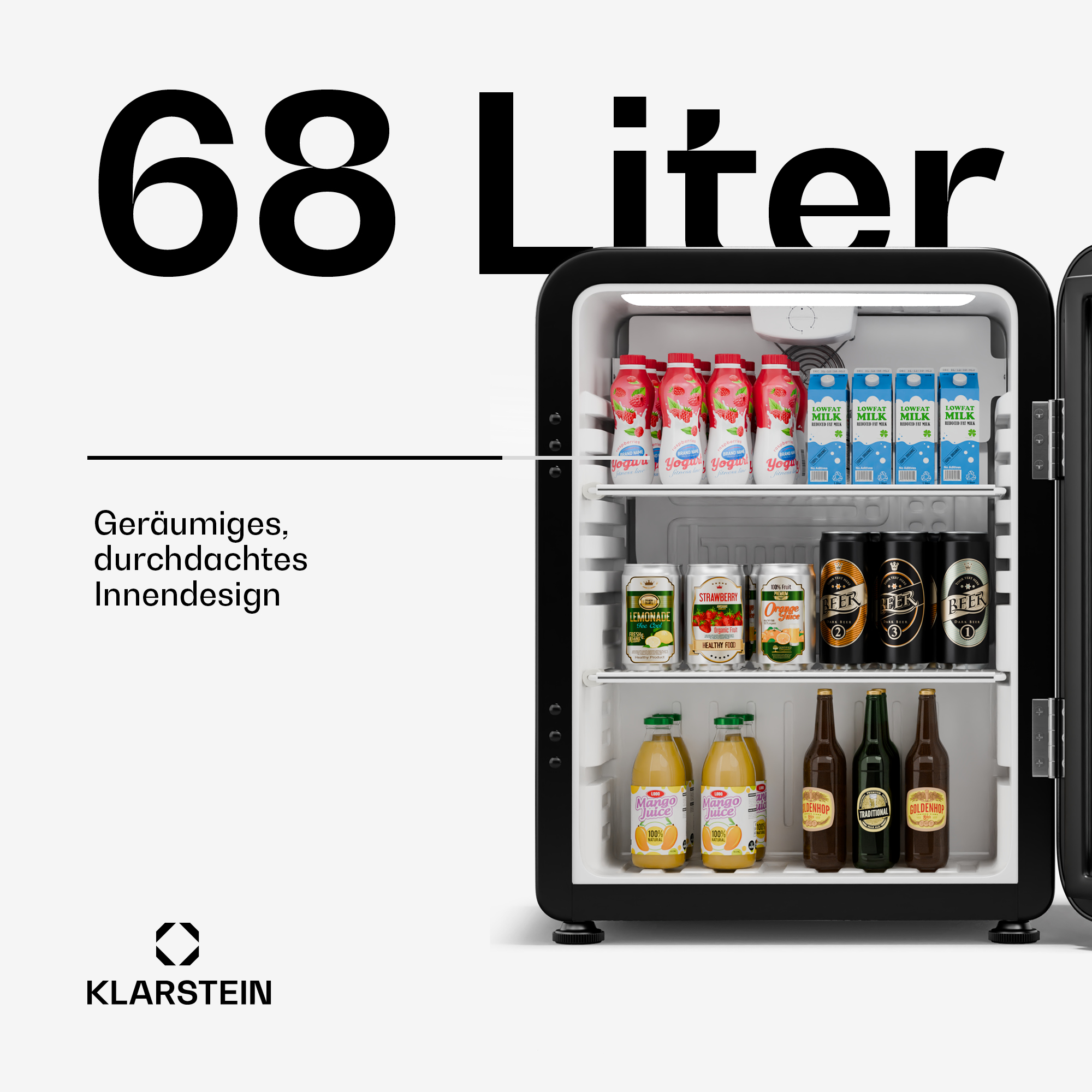 Una mini nevera con botellas y latas de bebidas en el interior, con un exterior negro.