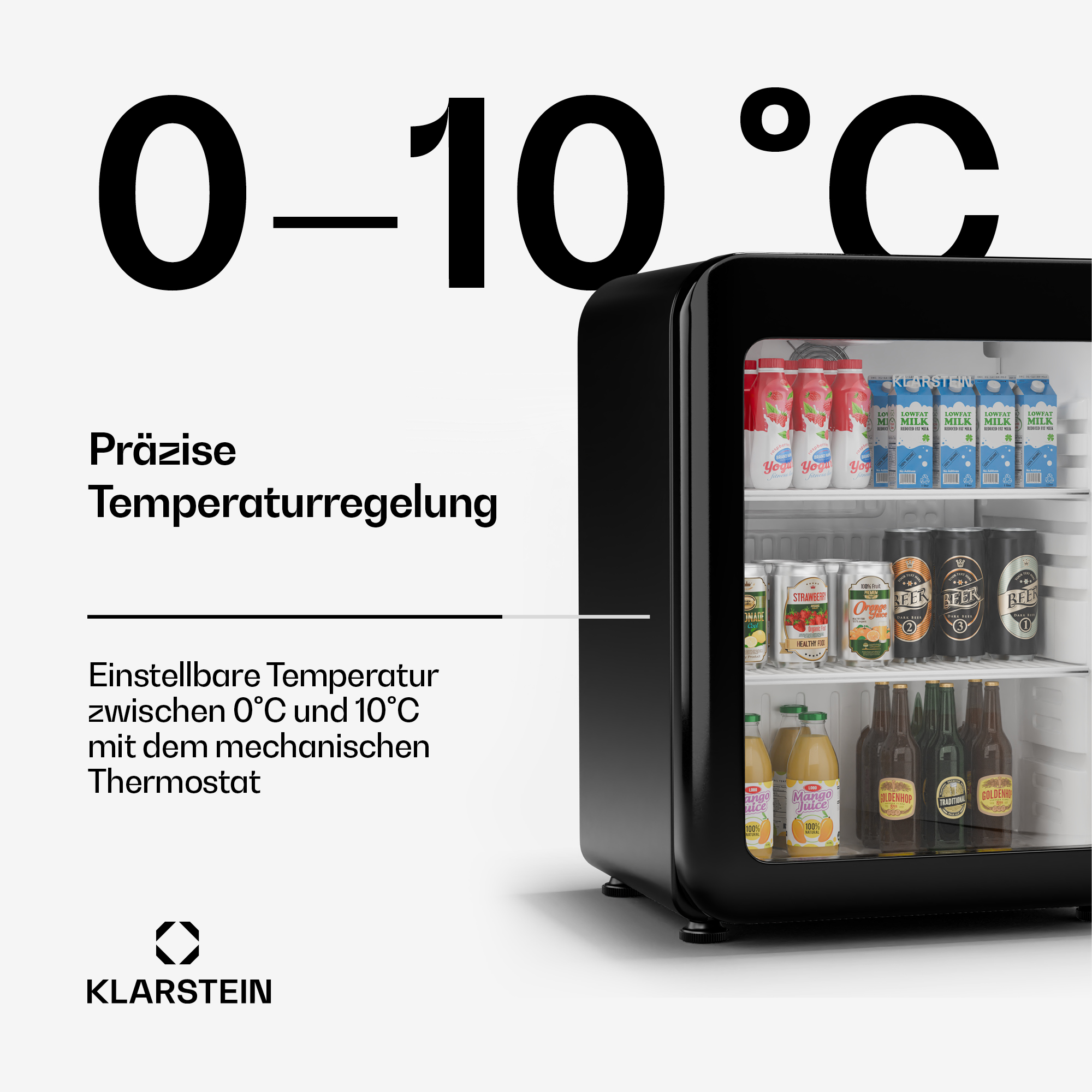 Una mini nevera negra con bebidas dentro e información sobre el control de temperatura.
