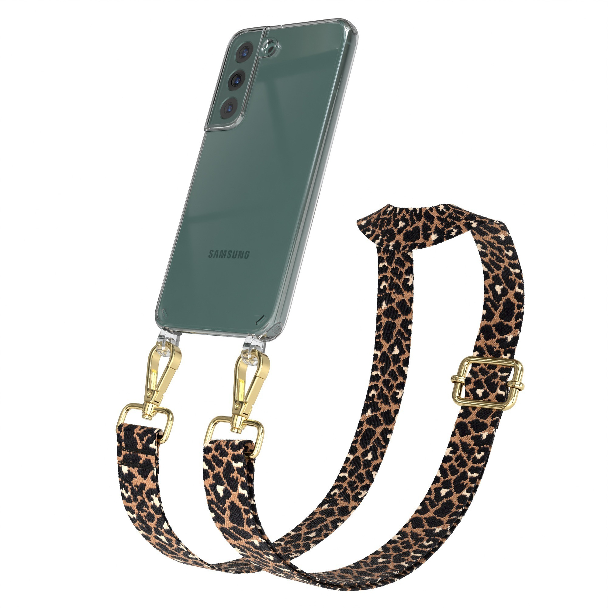Telefon mit Leopardenmuster-Band. Band hat goldene Schnalle und Verschlüsse.