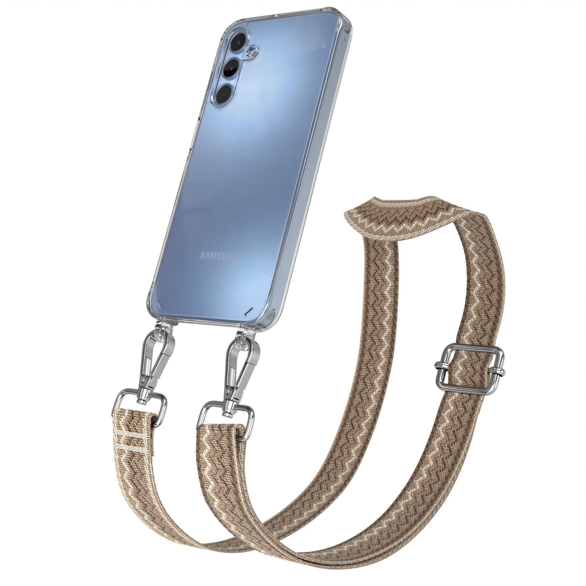 Telefon in klarer Hülle mit Band. Band ist braun und beige Zickzackmuster, silberne Verschlüsse und Schnalle.