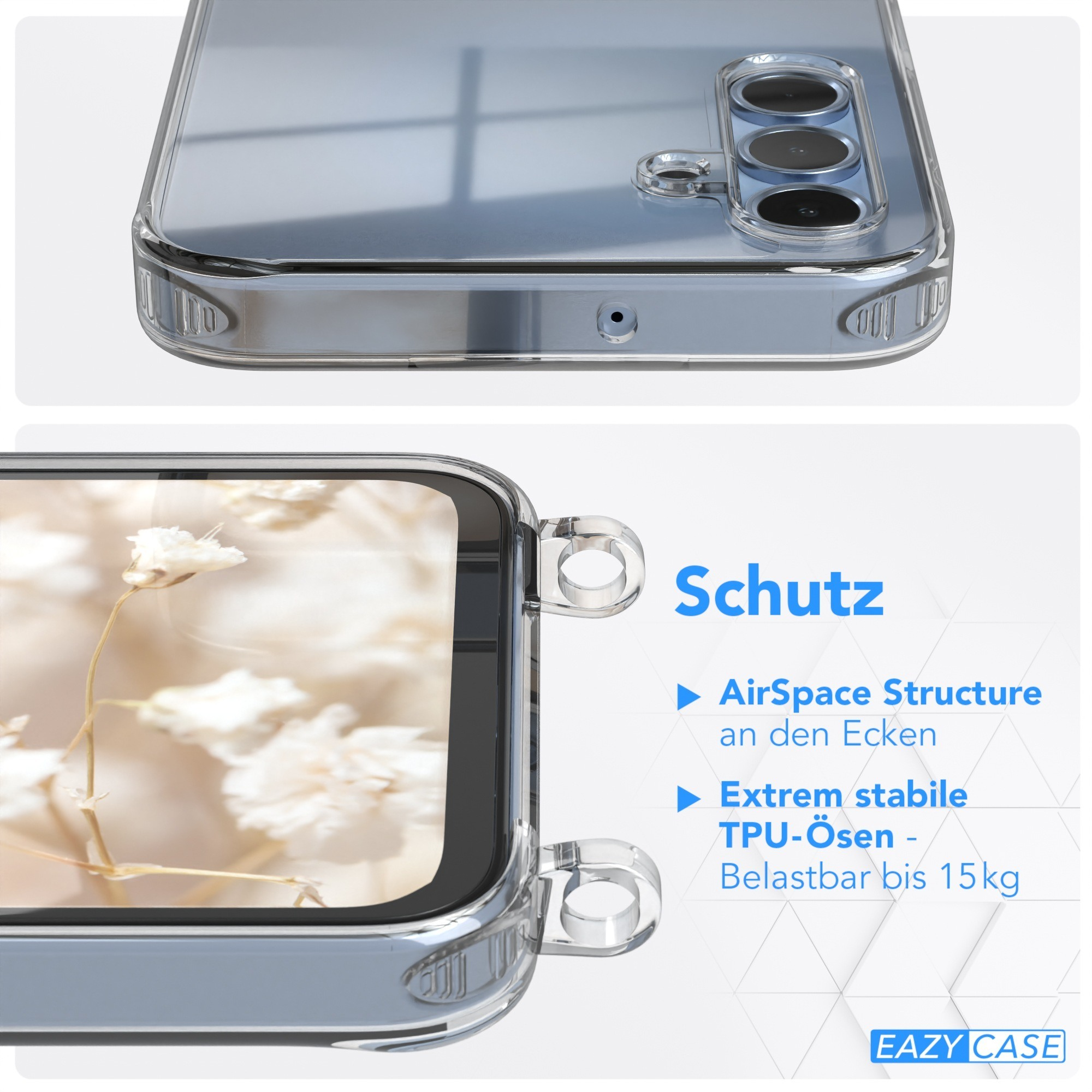 Klare Handyhülle. Draufsicht und Detailansicht der Hülle mit Text: Schutz, AirSpace und TPU-Ösen.