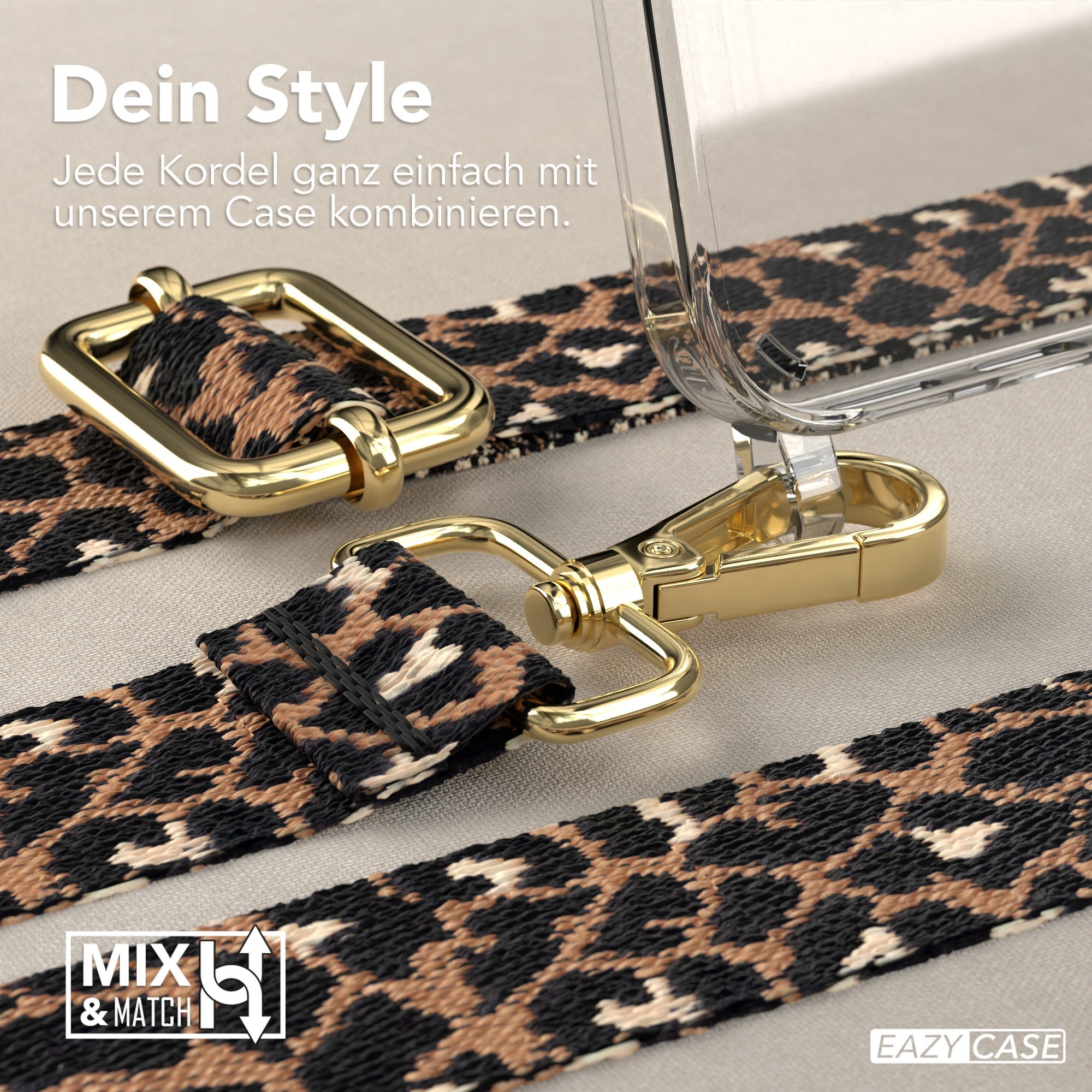Nahaufnahme eines Handybandes mit Leopardenmuster und einem goldenen Verschluss. Gehäuse mit Telefon wird gezeigt.