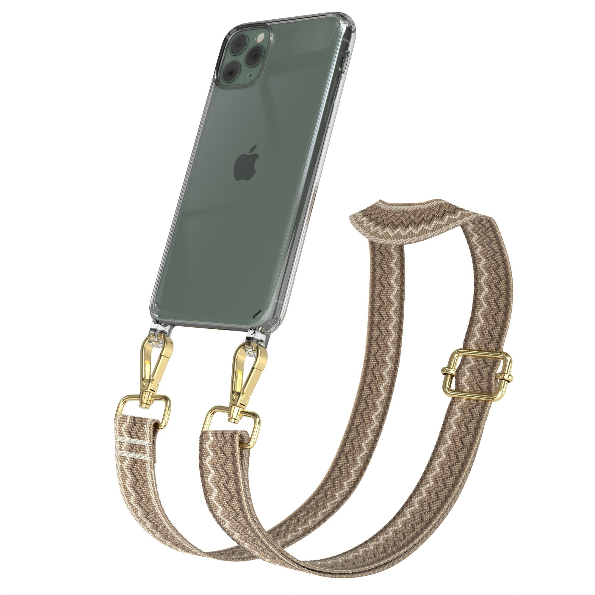 Klare Handyhülle mit goldfarbener Hardware und braun-beigem Gurt. Telefon ist geneigt.