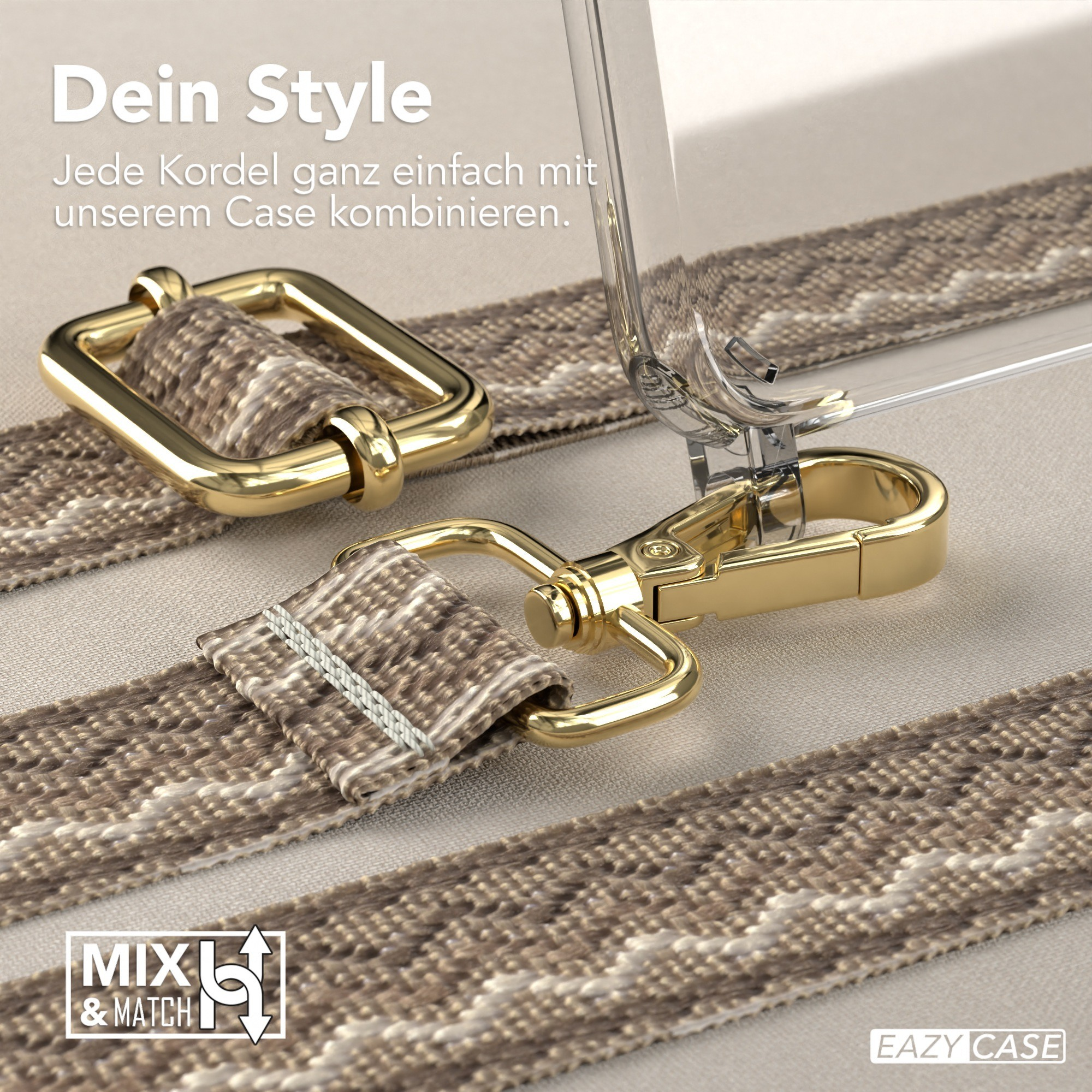 Nahaufnahme von Handyhülle mit Riemen, Metallverschluss und dem Riemen mit Muster.