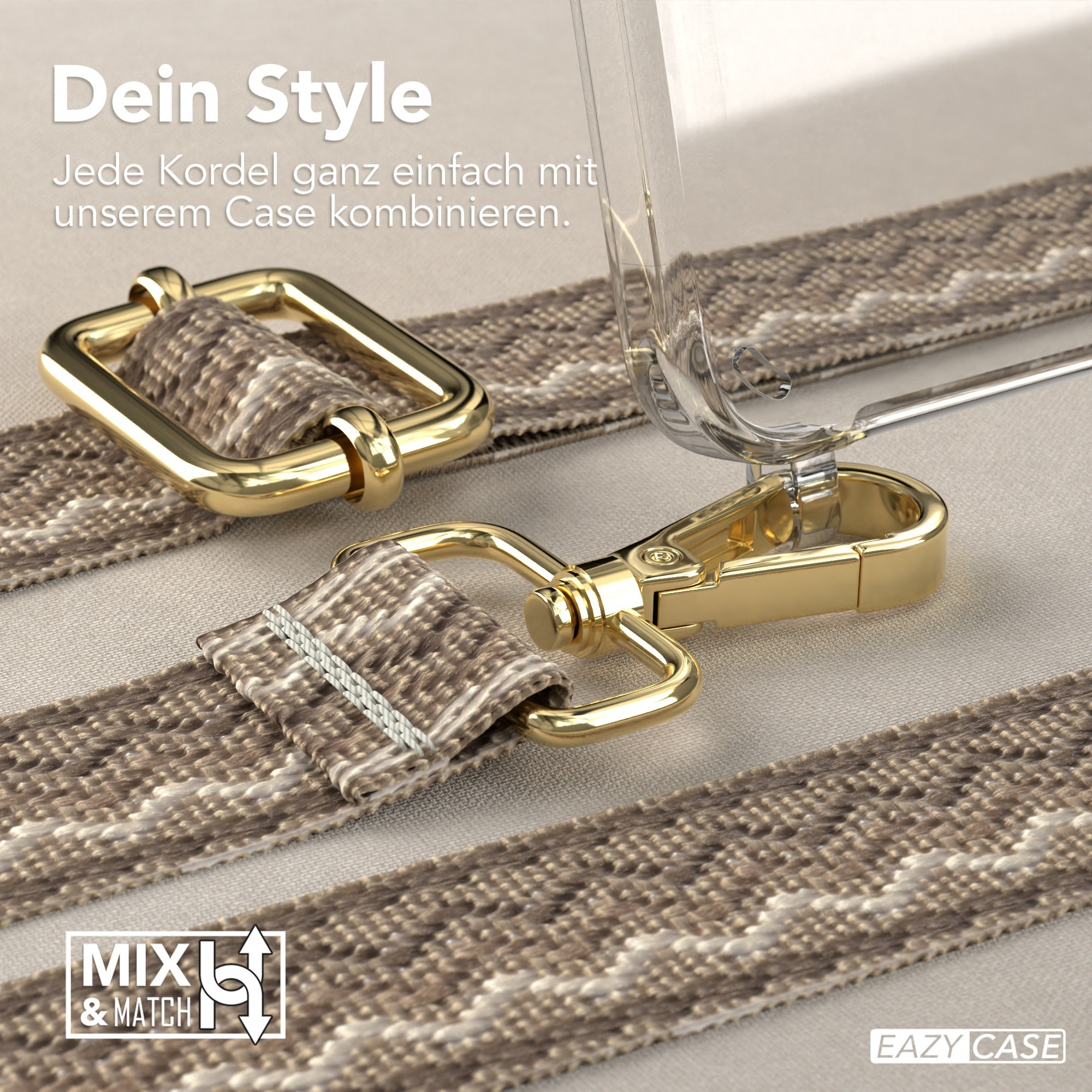 Nahaufnahme von gold- und braunfarbenen Trägern und goldenen Verschlüssen für eine Handyhülle.