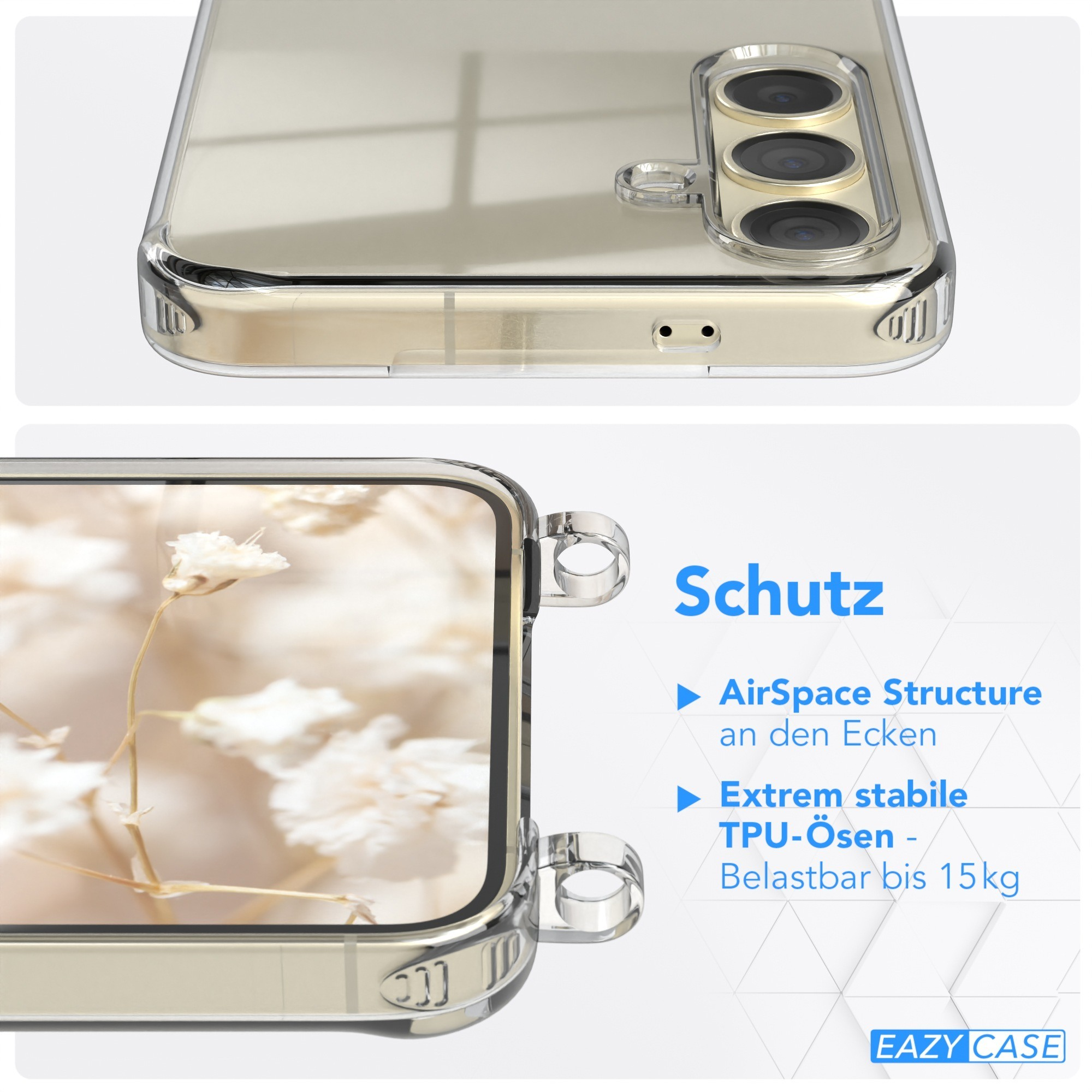 Transparente Handyhülle mit Eckenschutz, weiße Blumen im Hintergrund. Text: Schutz, AirSpace Structure, TPU-Ösen.
