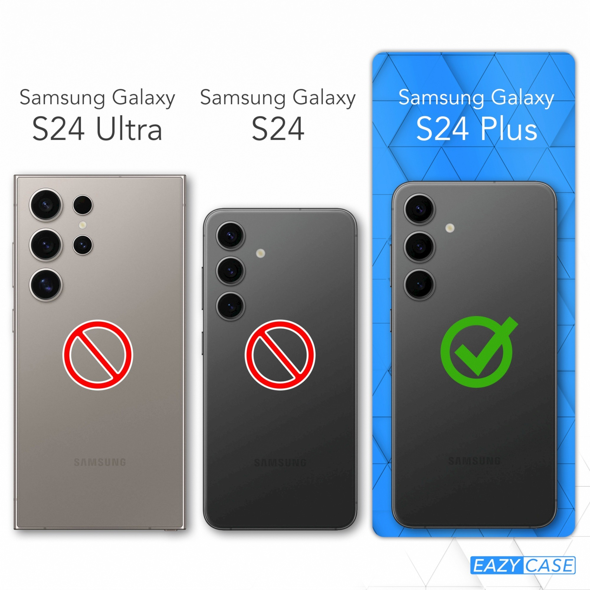 Drei Telefone, Samsung Galaxy S24 Ultra, S24 und S24 Plus. Häkchen auf S24 Plus.