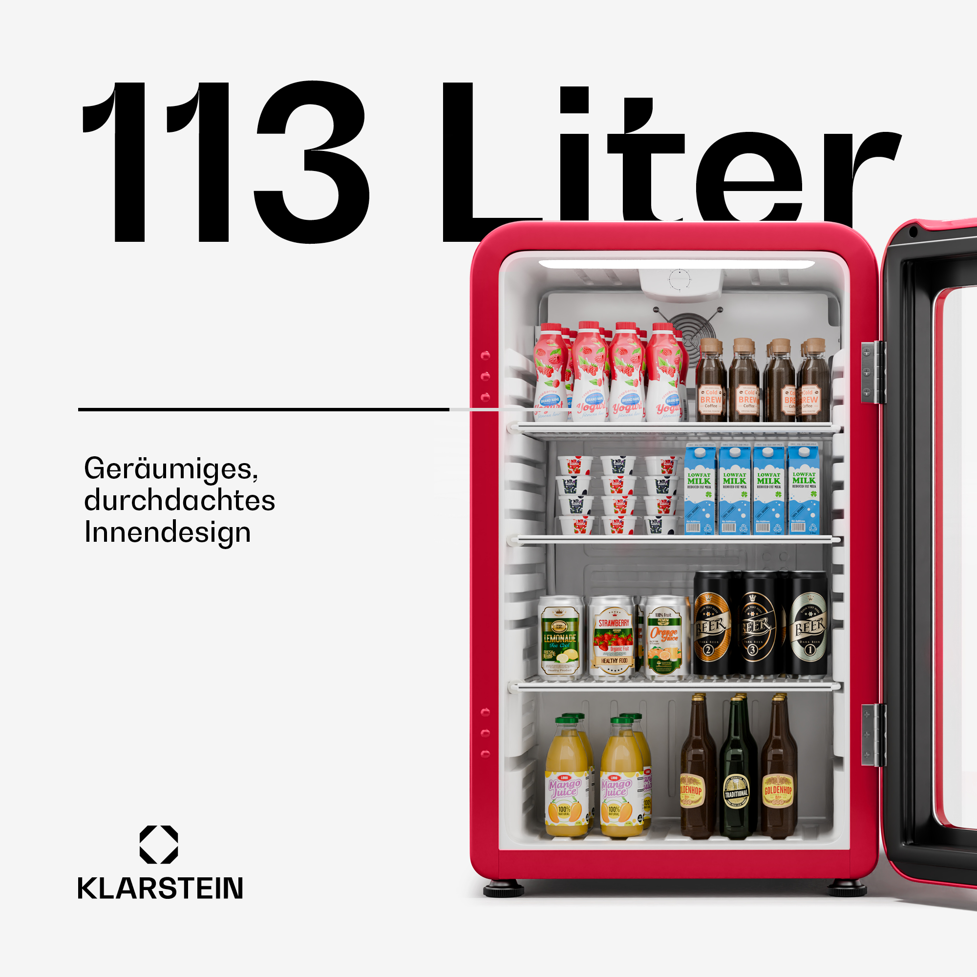 Ein roter Mini-Kühlschrank mit Getränken gefüllt, zeigt Innenausstattung und Klarstein-Logo.
