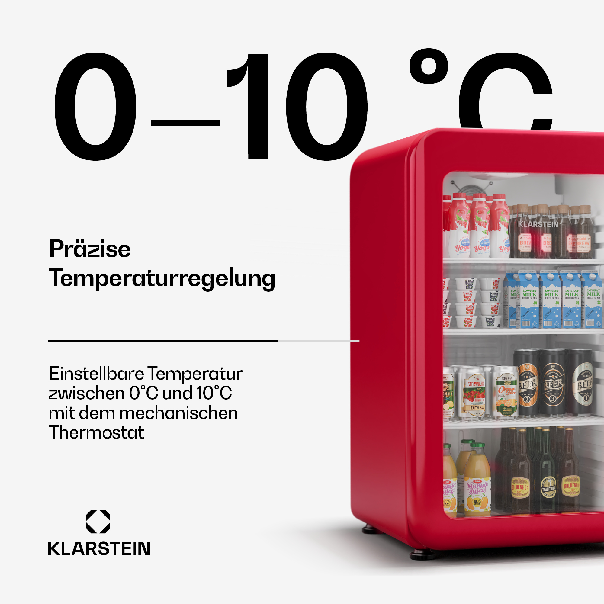 Roter Mini-Kühlschrank mit Getränken und Temperaturanzeige, schwarzer Hintergrund.