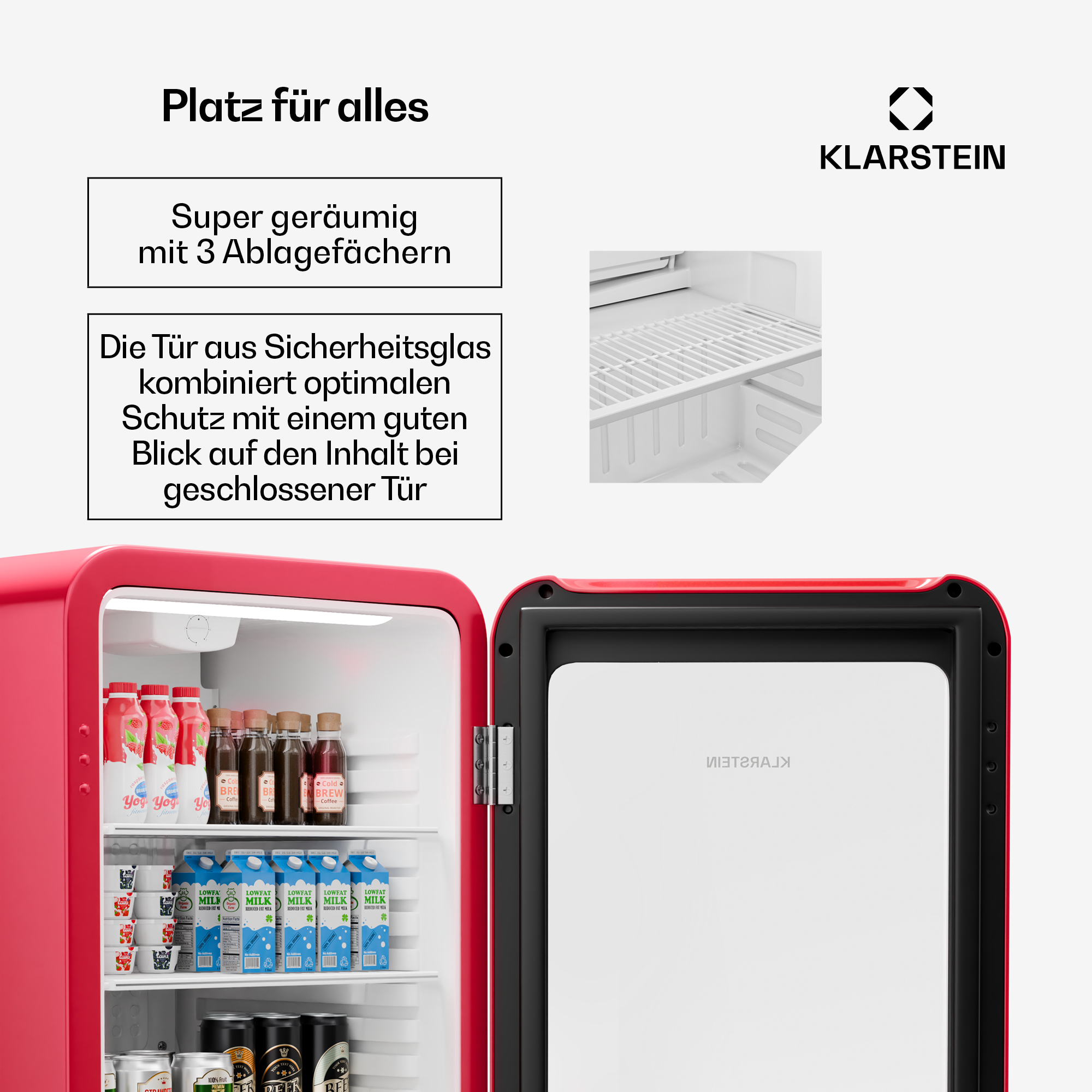 Roter Mini-Kühlschrank mit offener Tür, zeigt Regale mit Getränken. Text auf Deutsch.