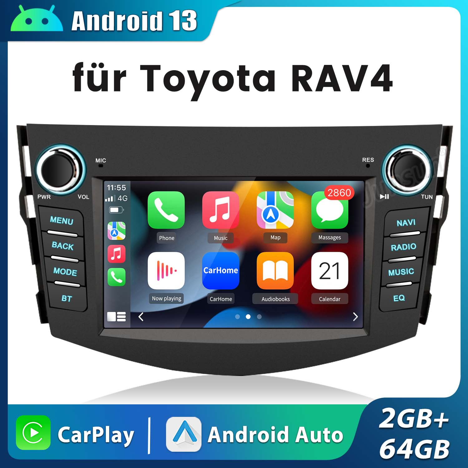 Android 13 Autoradio für Toyota RAV4. Touchscreen zeigt verschiedene App-Symbole. Tasten für Menü und Navigation.