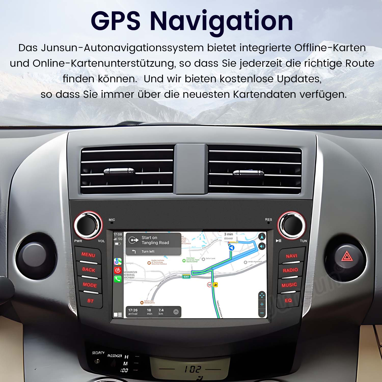 Cruscotto auto con navigazione GPS. Testo in tedesco. Mostra il percorso. Sfondo grigio.