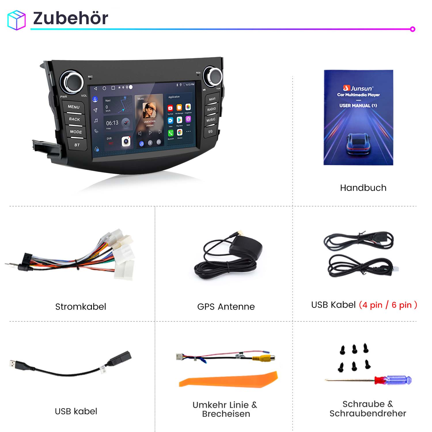 Un lettore multimediale per auto e i suoi componenti: cavi, antenna, cacciavite e manuale utente.