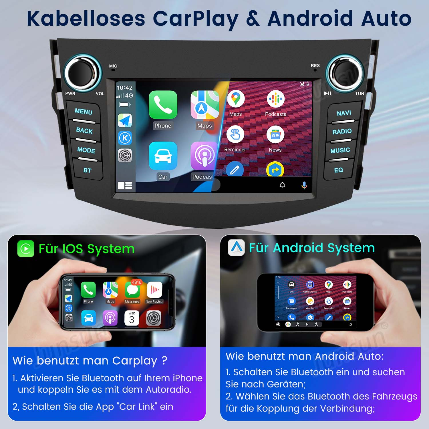 Sistema multimediale per auto con touchscreen, mostra icone app. Istruzioni per sistemi iOS e Android.