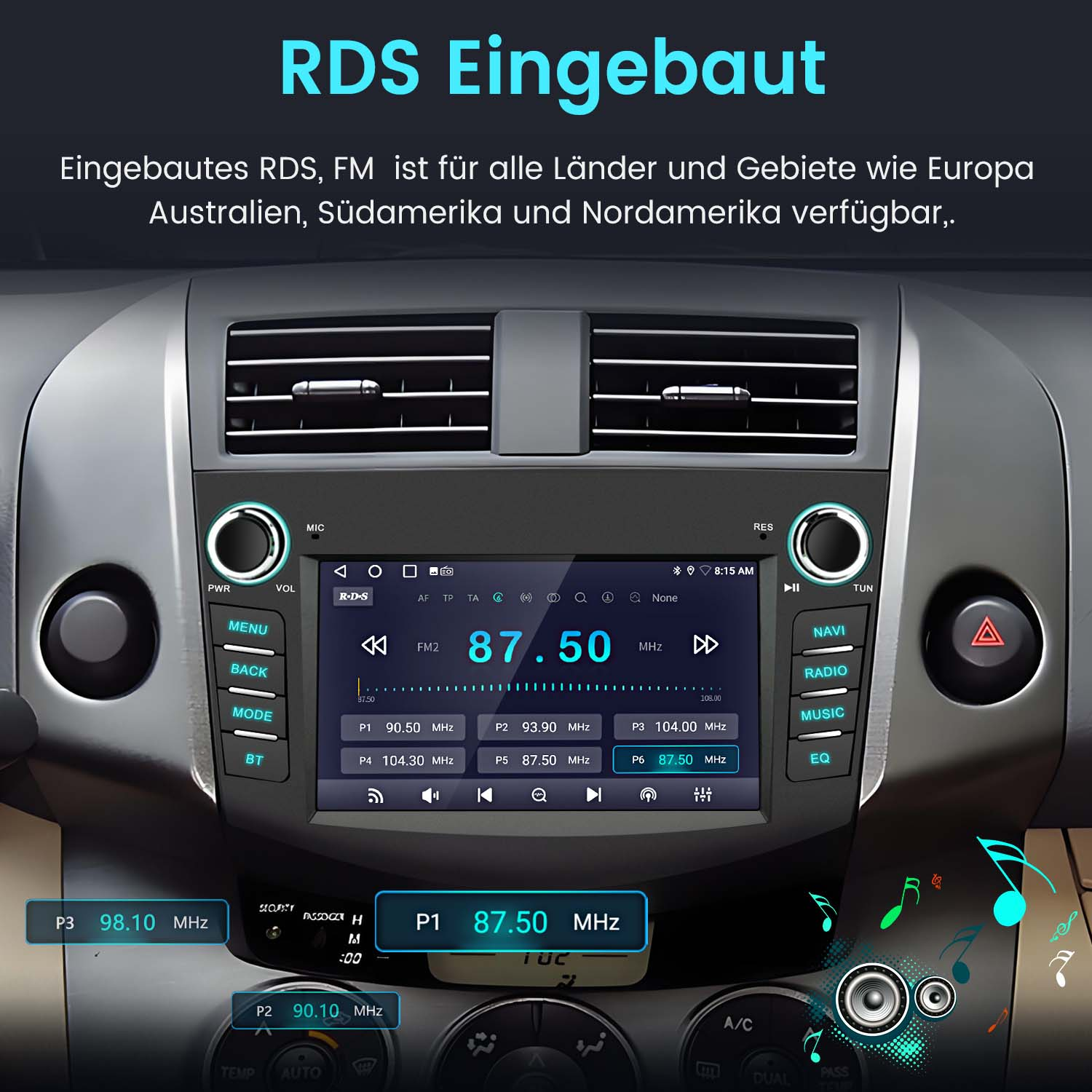 Schermo dell'autoradio con RDS, comandi radio FM. Pulsanti e display visibili.