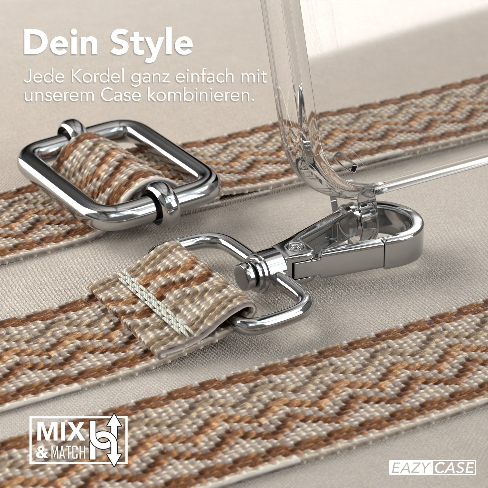 Nahaufnahme von Handyhüllenriemen und einer Handyhülle mit silberner Metallhardware und einem gemusterten Riemen.